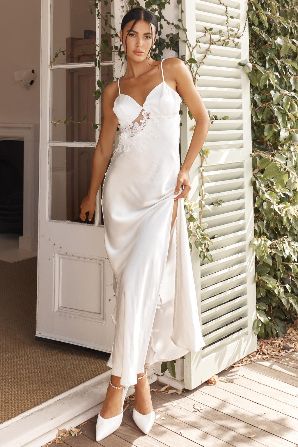 Roxana Applique Trim Split Maxi Dress White by Selfie Leslie
