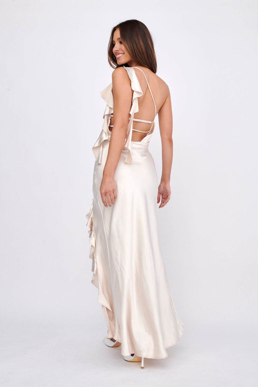 Jayda One Shoulder Ruffle Trim Maxi Dress Champagne by Selfie Leslie