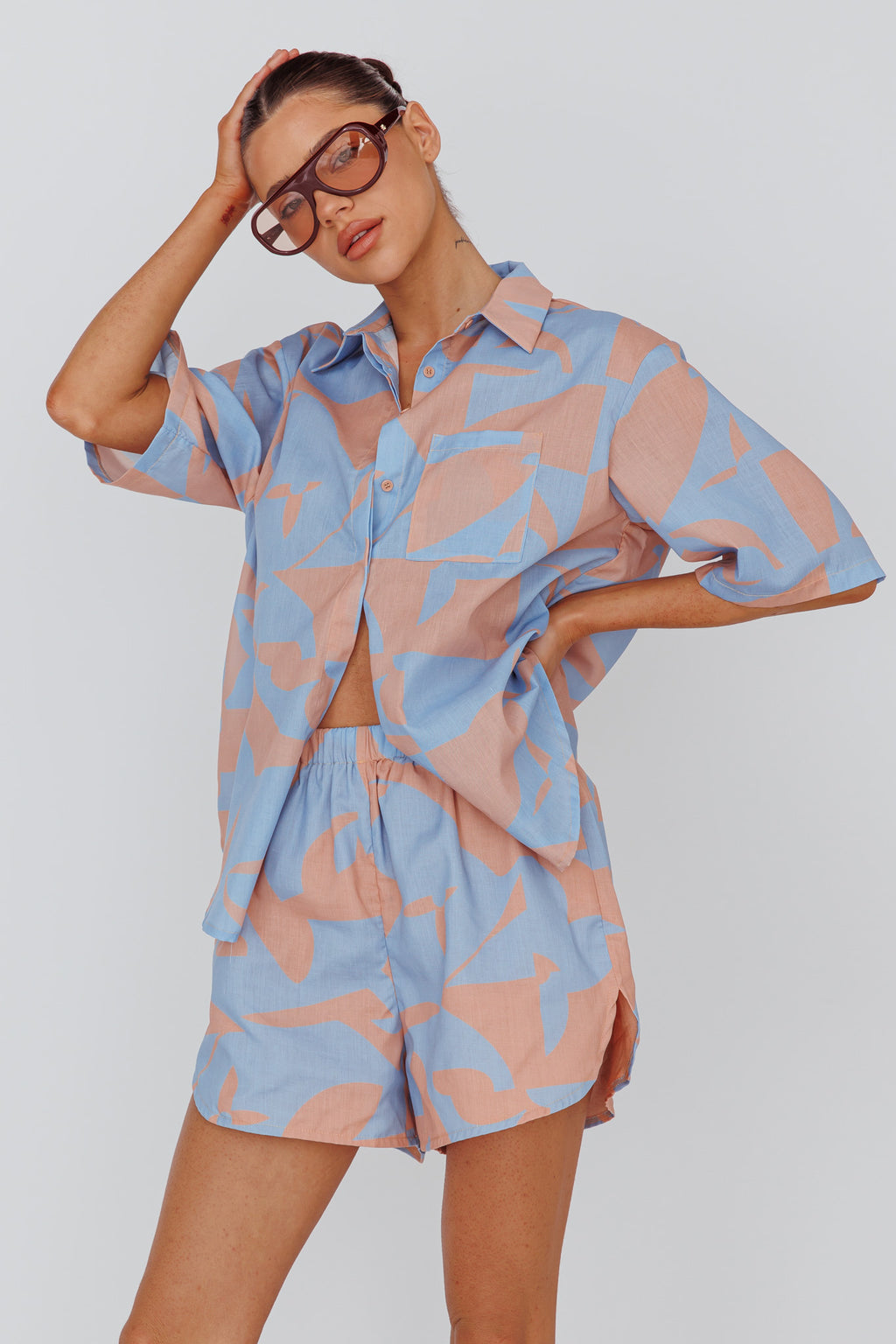 On Vacay Button-Up Shirt Print Blue by Selfie Leslie