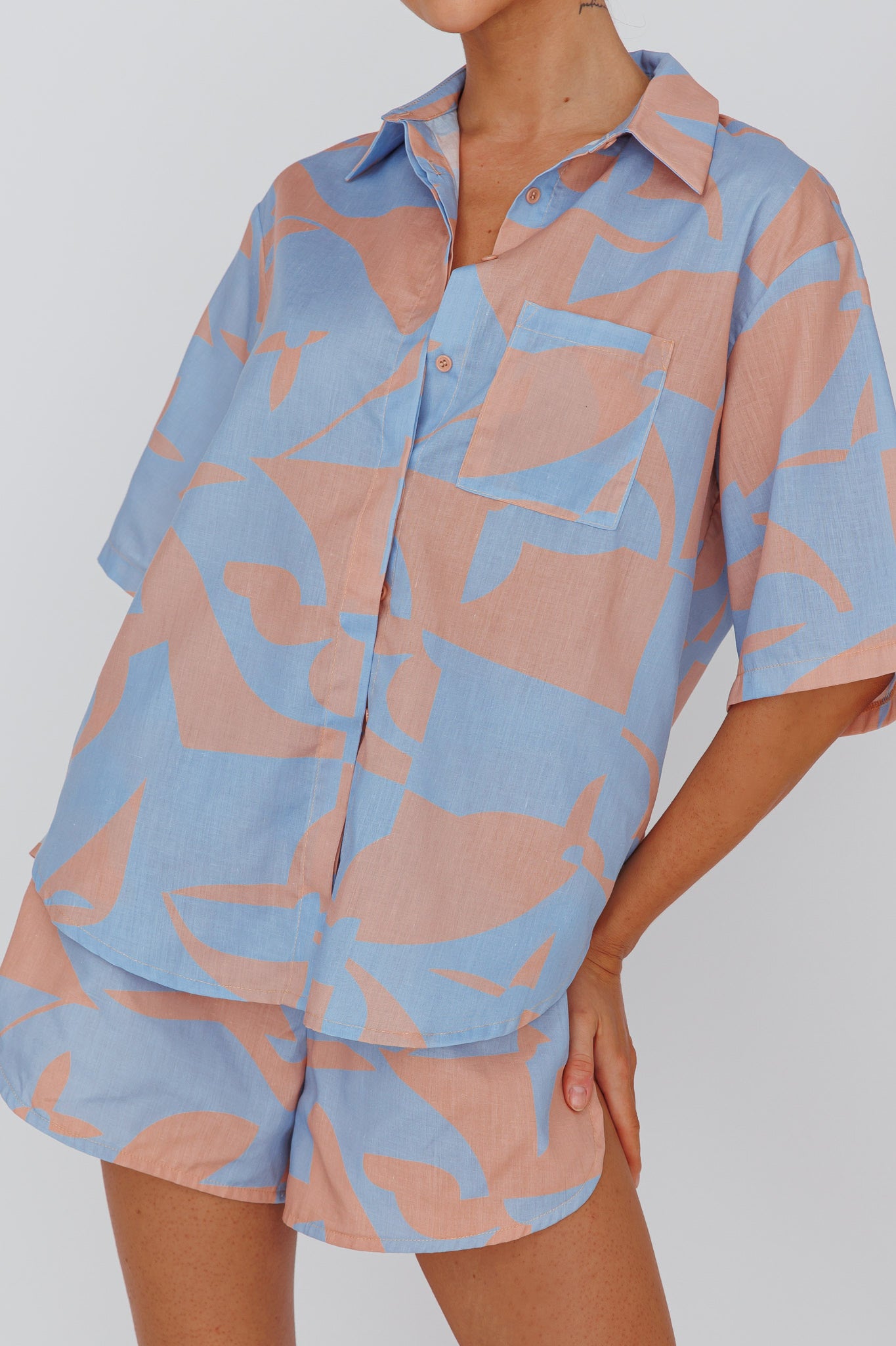 On Vacay Button-Up Shirt Print Blue by Selfie Leslie