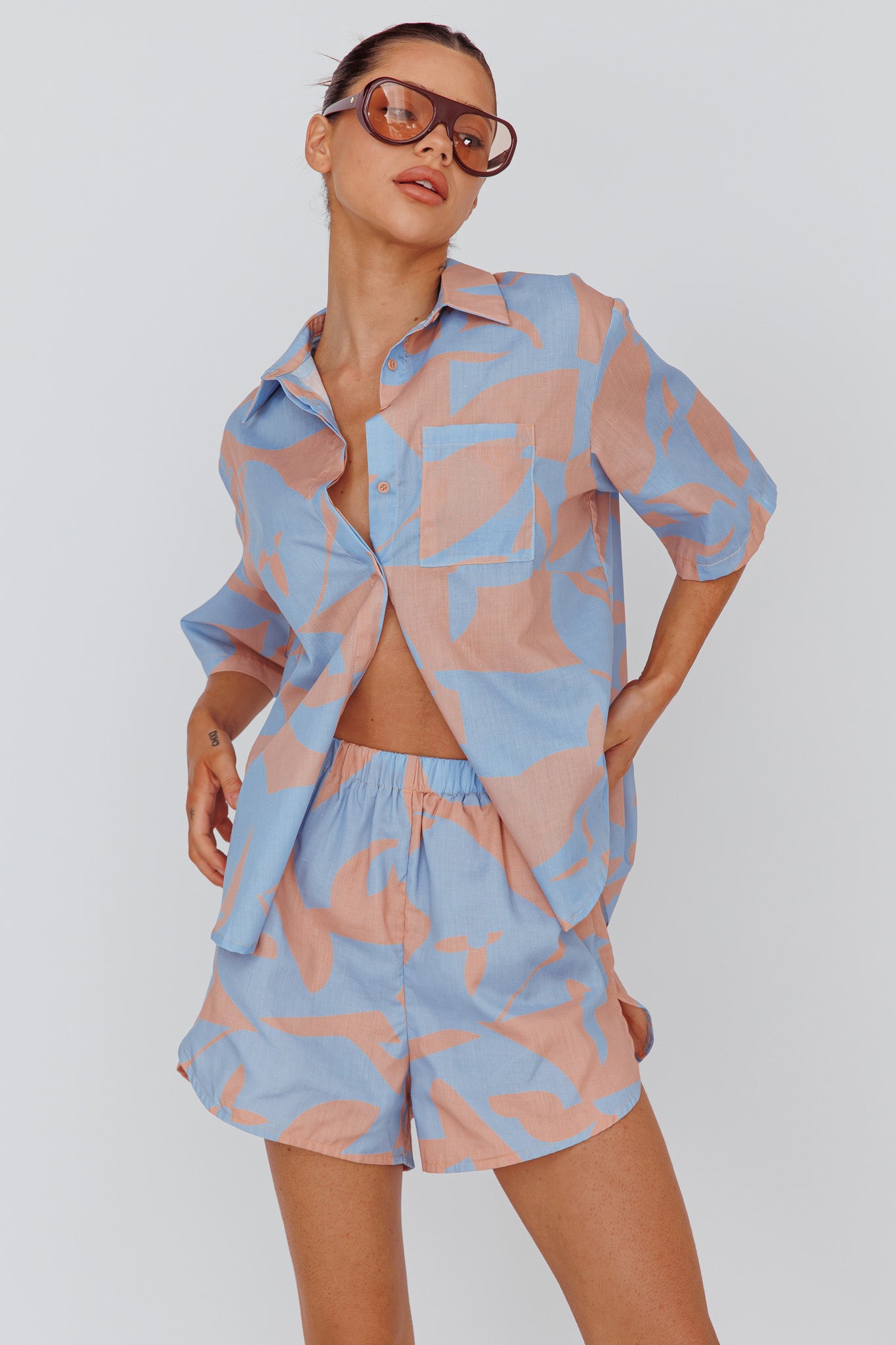 On Vacay Button-Up Shirt Print Blue by Selfie Leslie