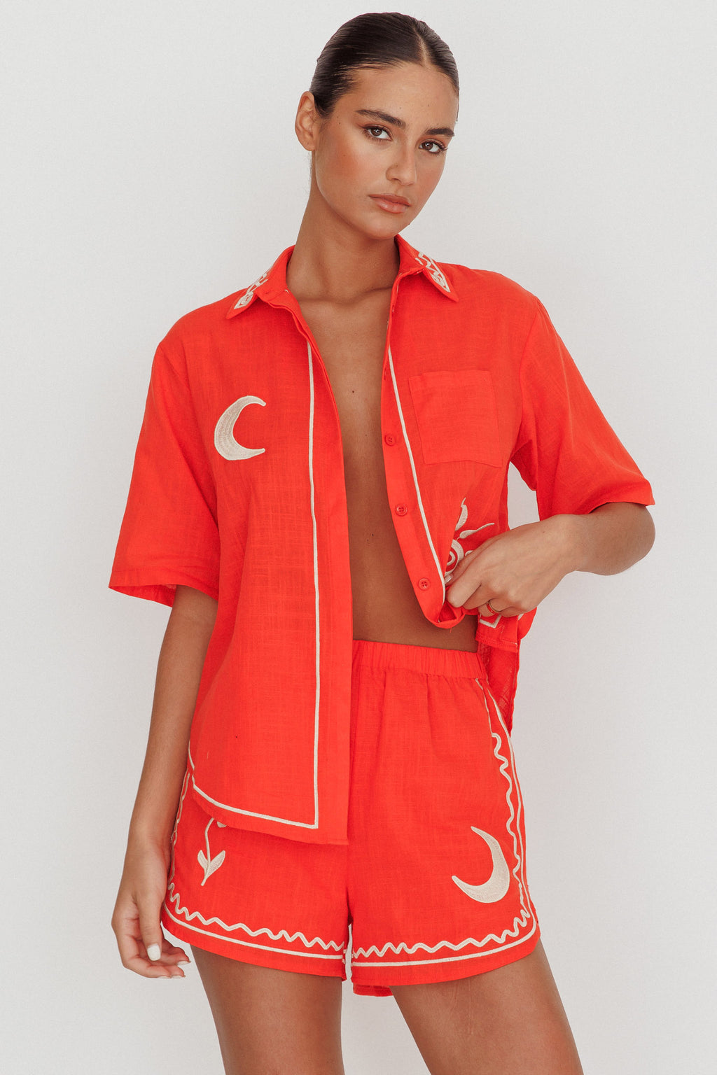 On Vacay Elastic Waist Embroidered Shorts Orange by Selfie Leslie