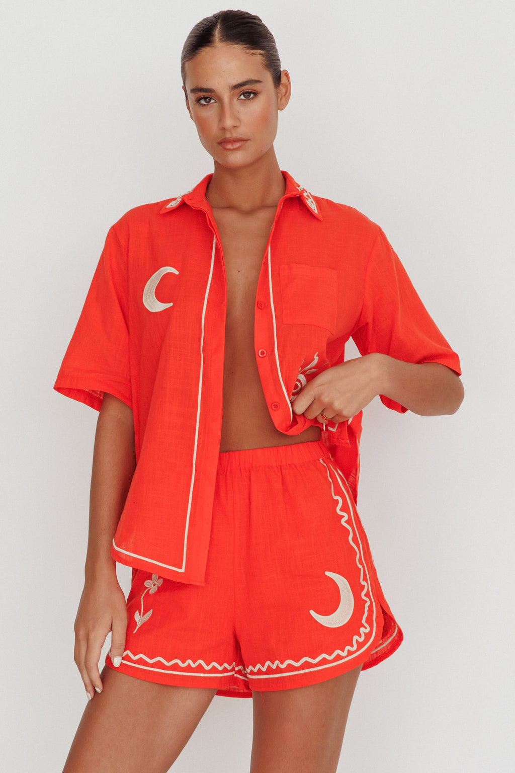 On Vacay Elastic Waist Embroidered Shorts Orange by Selfie Leslie