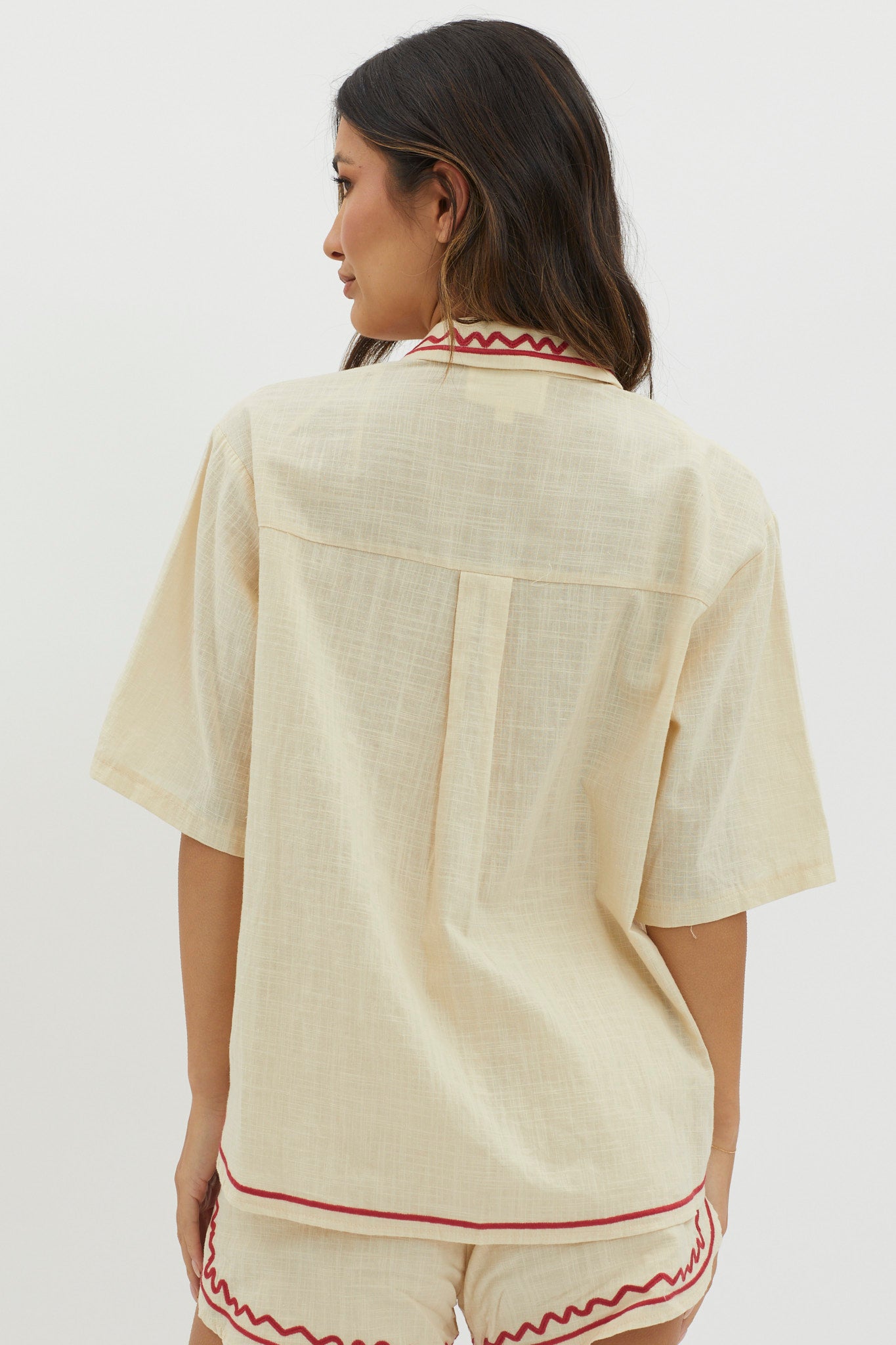On Vacay Button-Up Shirt Embroidered Beige by Selfie Leslie