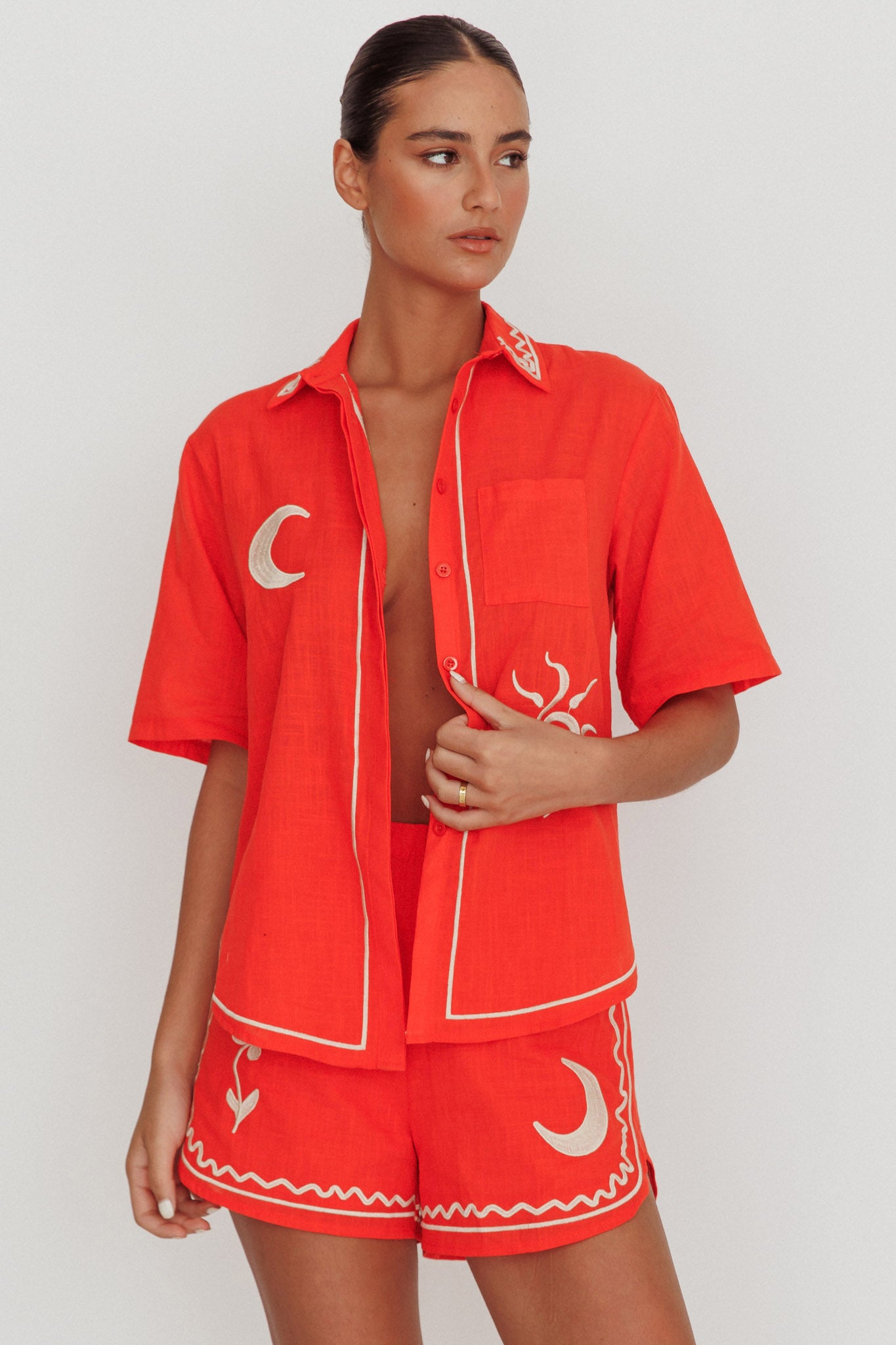 On Vacay Embroidered Button-Up Shirt Orange by Selfie Leslie