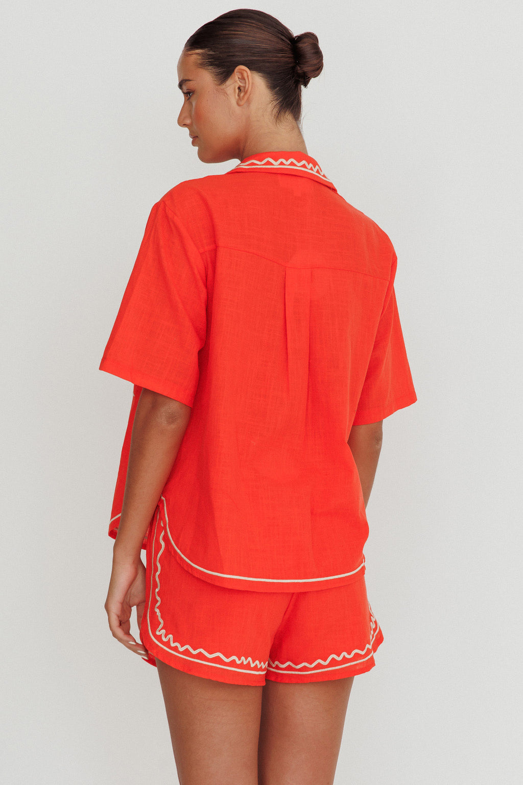 On Vacay Embroidered Button-Up Shirt Orange by Selfie Leslie
