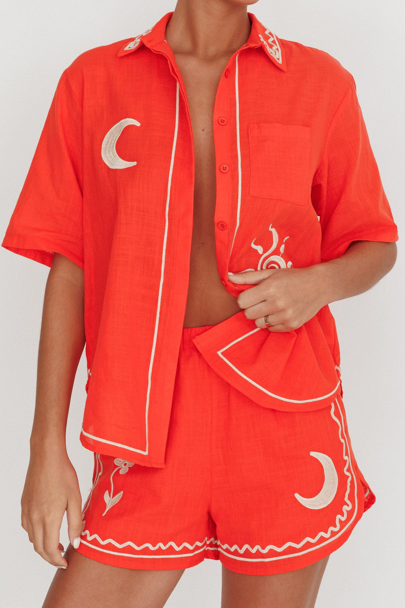 On Vacay Embroidered Button-Up Shirt Orange by Selfie Leslie
