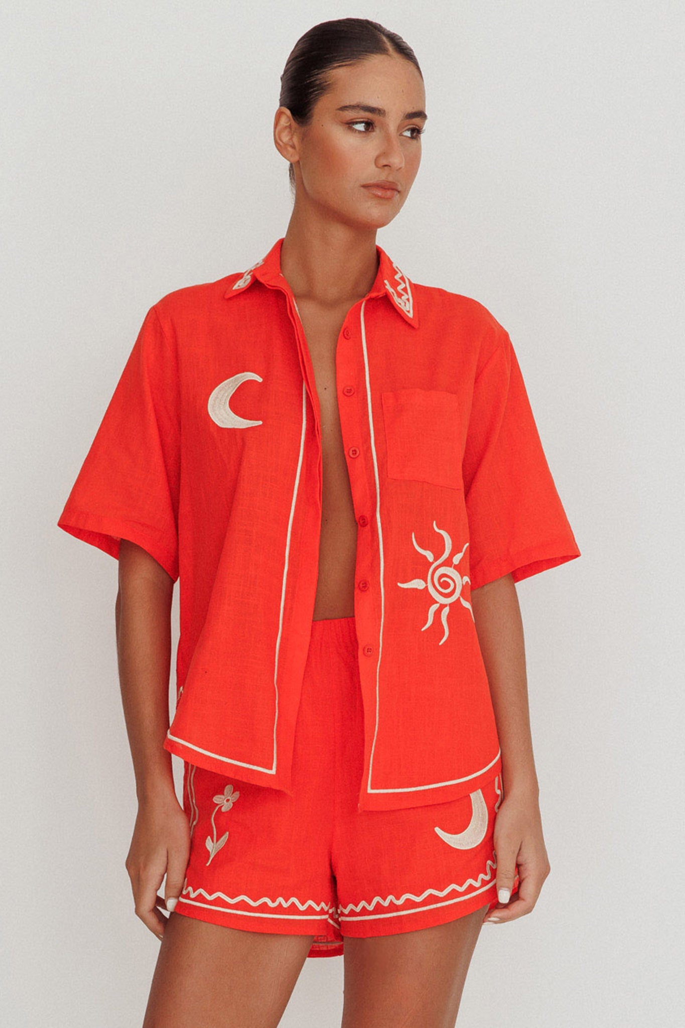 On Vacay Embroidered Button-Up Shirt Orange by Selfie Leslie