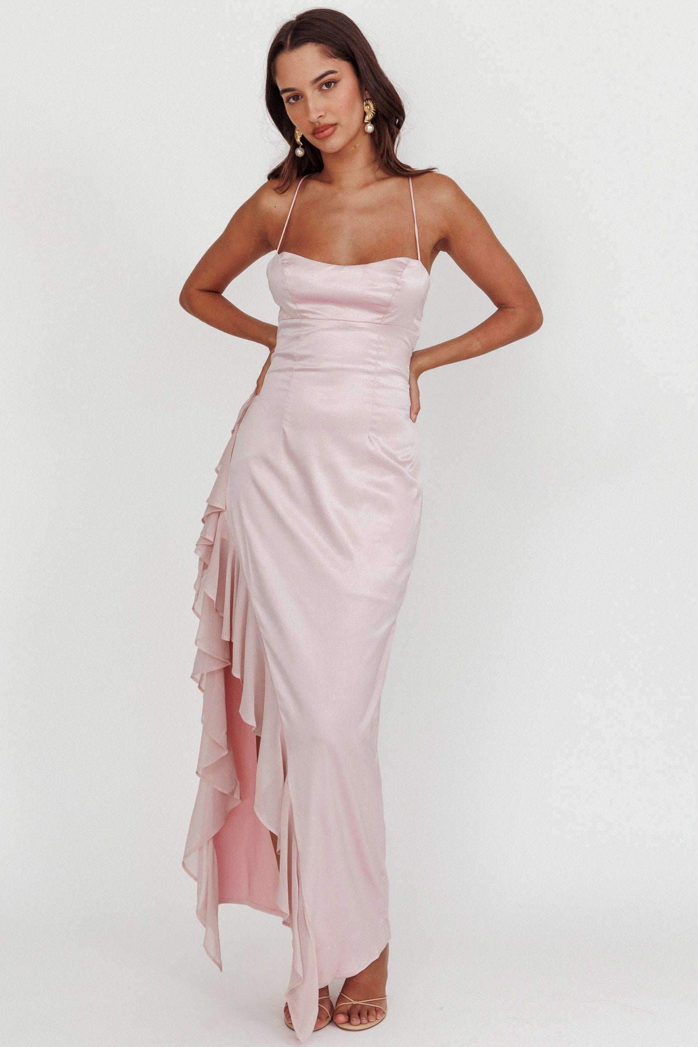 Katarina Satin Ruffle Hem Maxi Dress Cheek– Selfie Leslie
