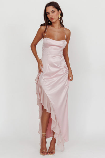 green emerald velvet dress Nahanee Pink Satin Ruffle Maxi Dress - US 10 main image 1