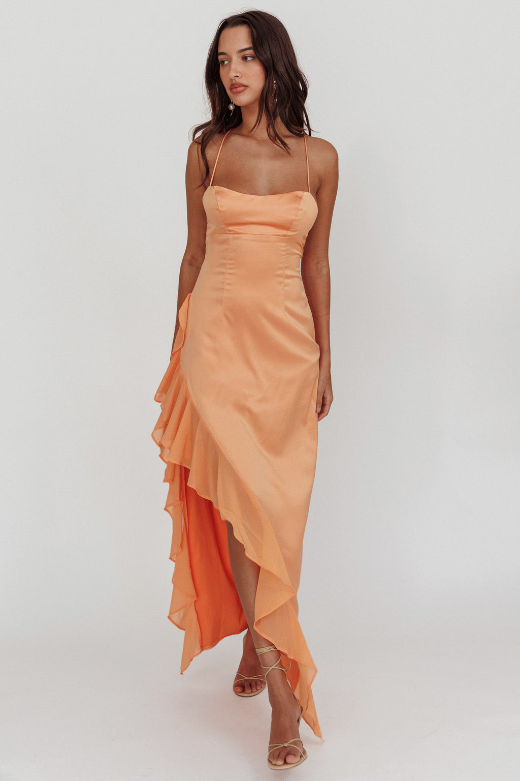 Katarina Satin Ruffle Hem Maxi Dress Mango– Selfie Leslie
