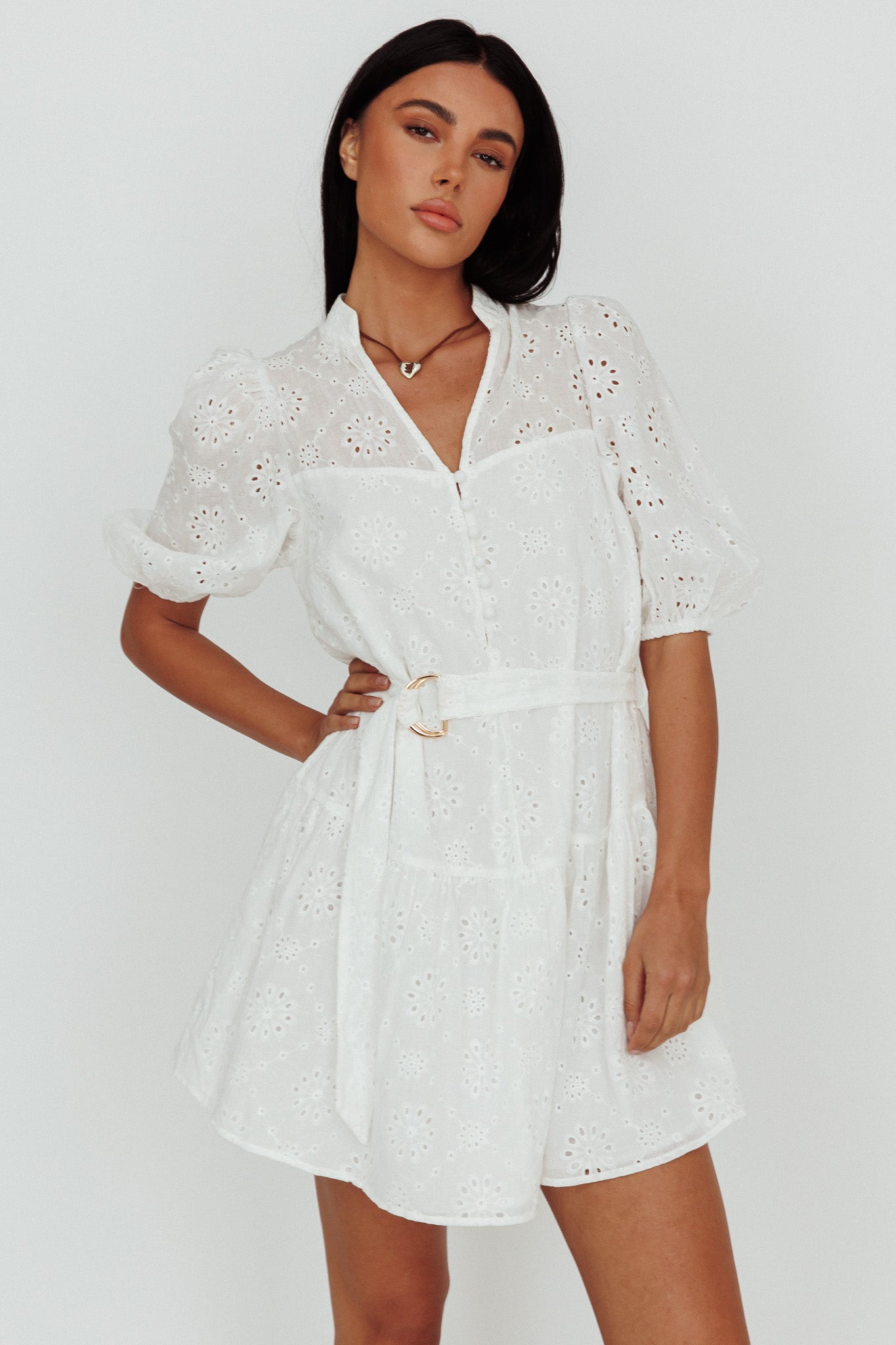 Serita Belted Puff Sleeve Eyelet Mini Dress White– Selfie Leslie