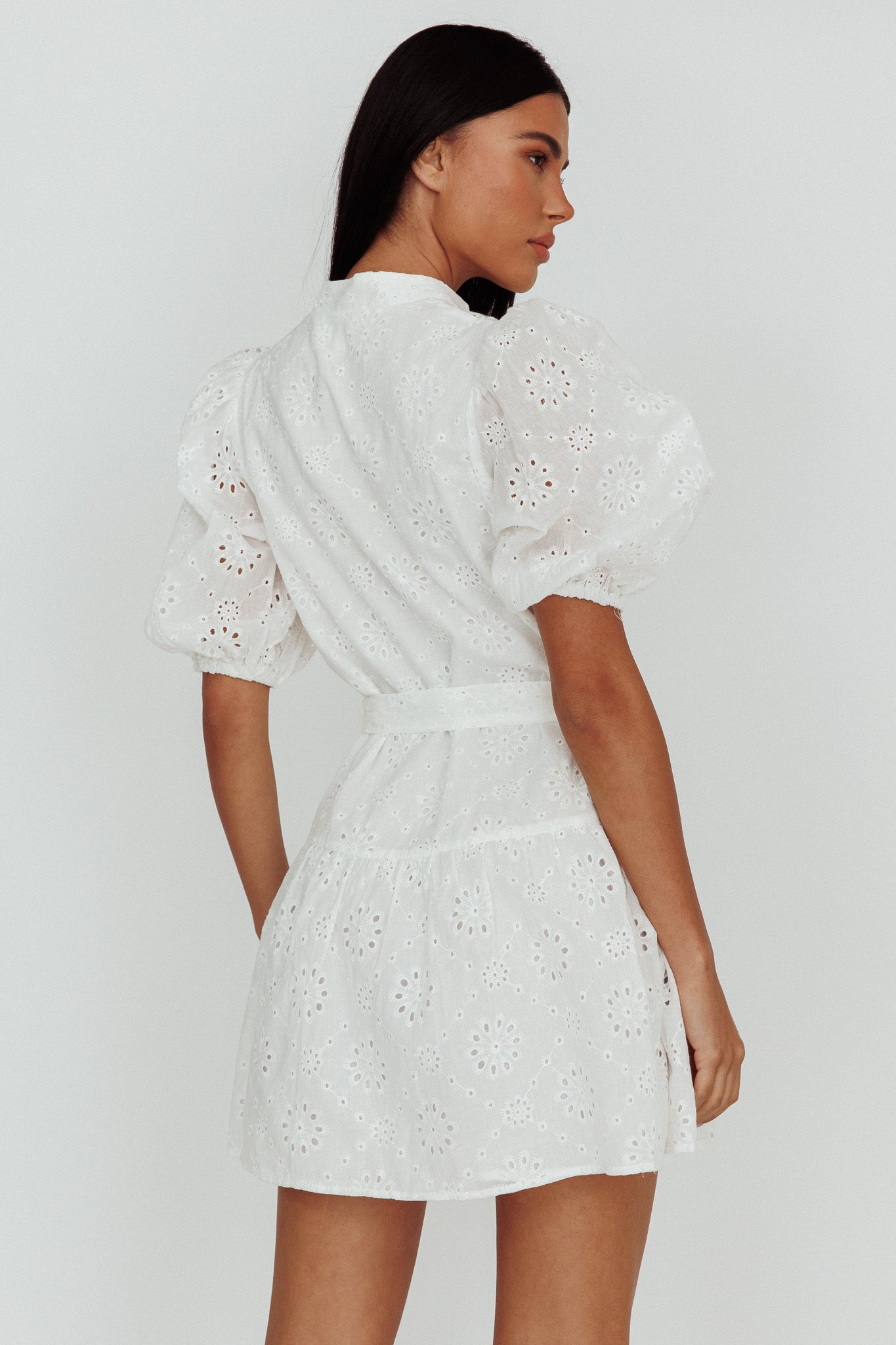 belted white mini dress Serita Belted Puff Sleeve Eyelet Mini Dress White