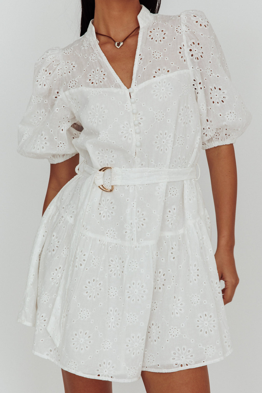 Serita Belted Puff Sleeve Eyelet Mini Dress White by Selfie Leslie