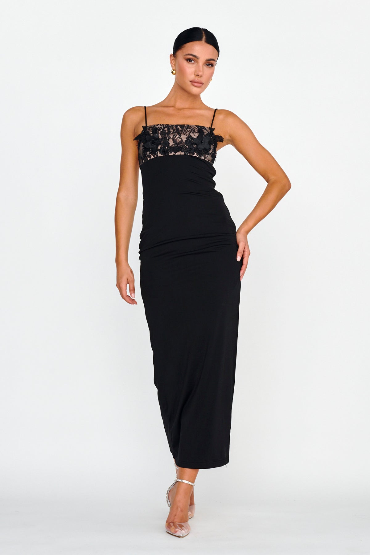 misha black dress Embellished Bust Midi funnel neck Annette is 1.75 m Garden Affair Black Floral Color:Cognac