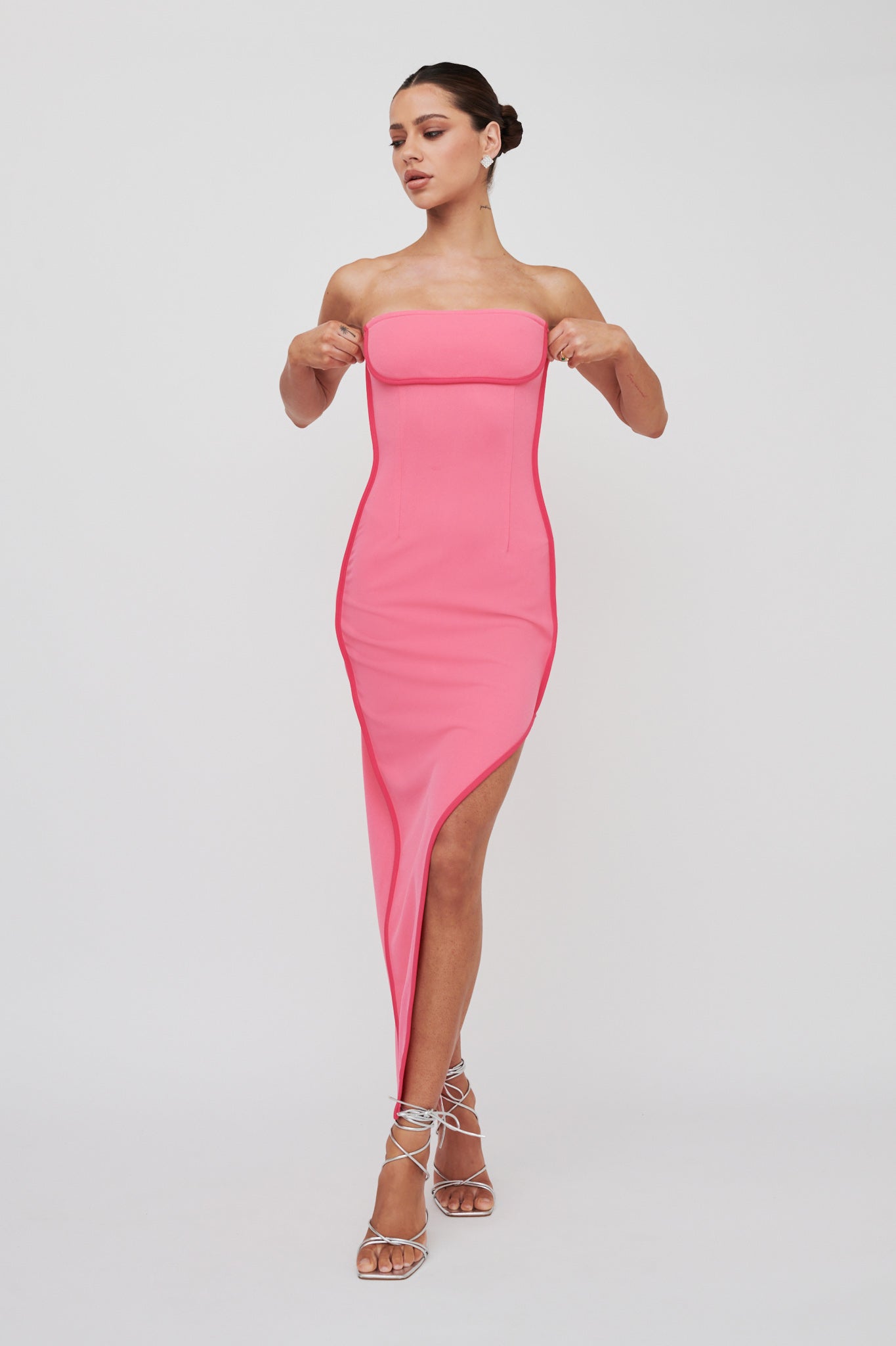 October Strapless Piping Midi Dress Hot Pink by Selfie Leslie