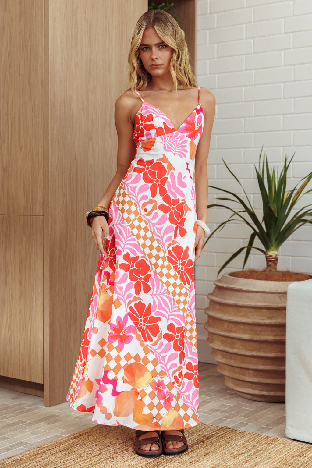 Jaya Floral A-line Maxi Dress Checker Orange by Selfie Leslie