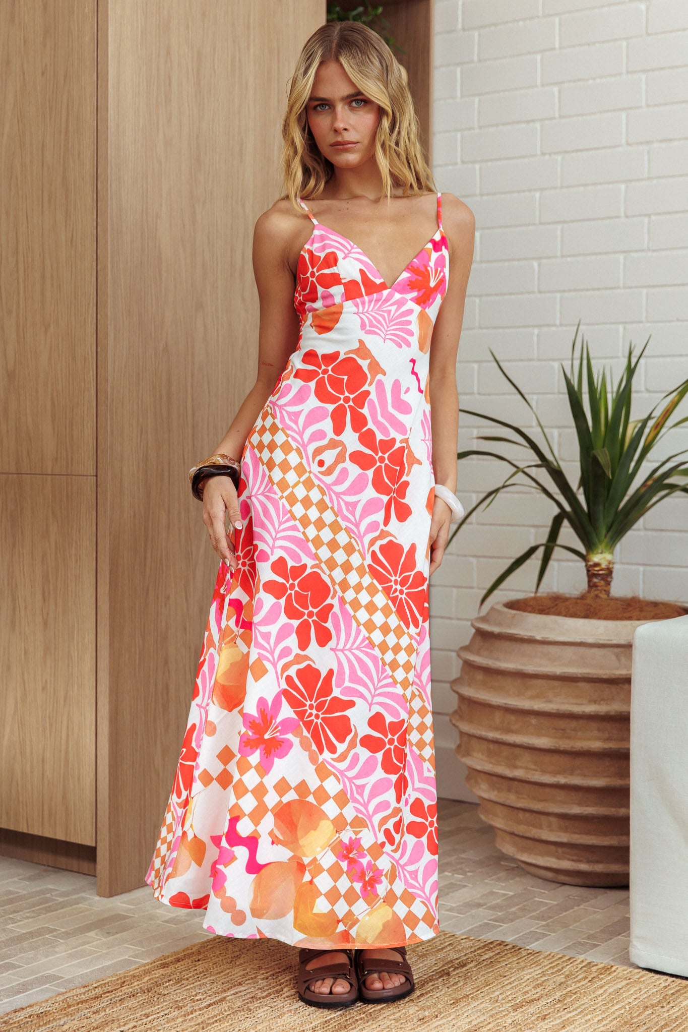 Jaya Floral A-line Maxi Dress Checker Orange– Selfie Leslie