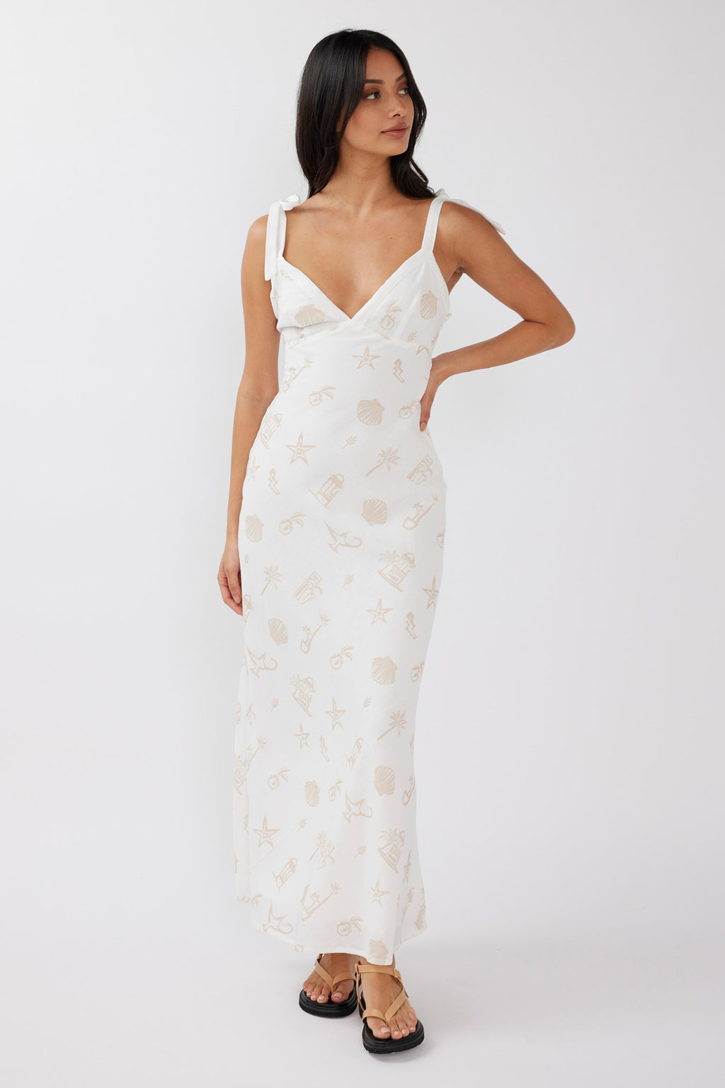 Jaya Tied Shoulder Maxi Dress Print Beige by Selfie Leslie