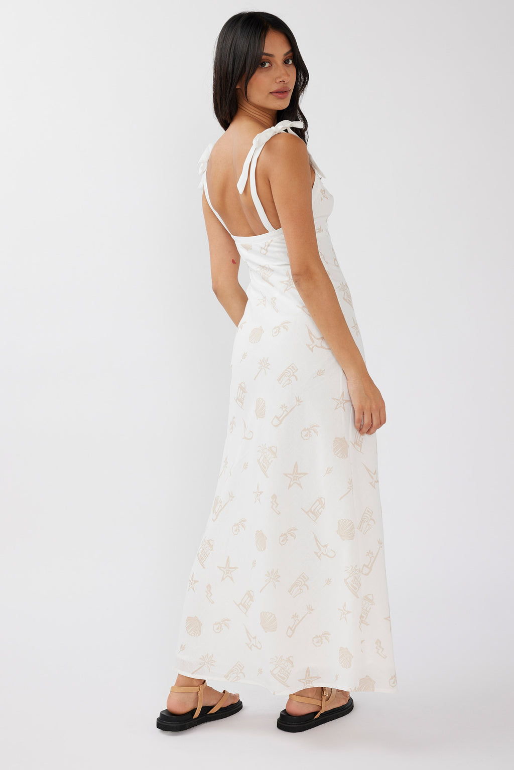 Jaya Tied Shoulder Maxi Dress Print Beige by Selfie Leslie