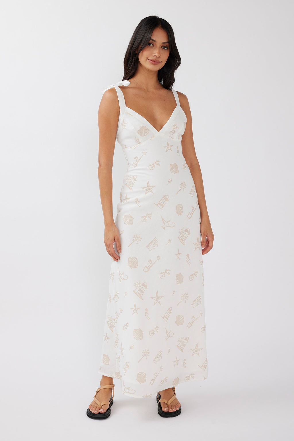 Jaya Tied Shoulder Maxi Dress Print Beige by Selfie Leslie
