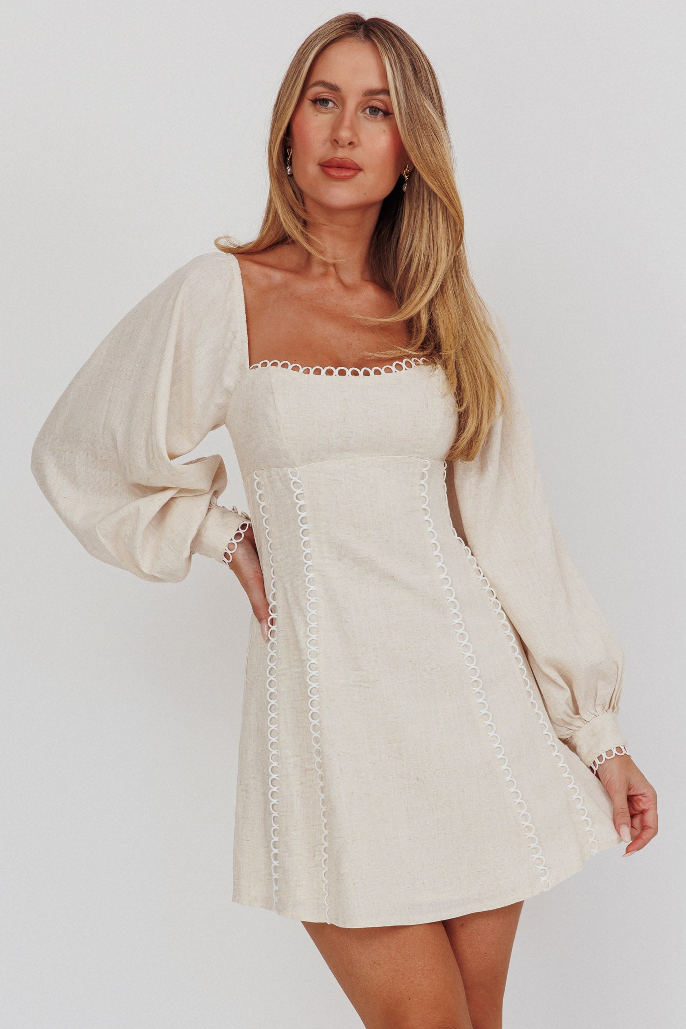 Shop the Chamberlain Balloon Sleeves Mini Dress Beige