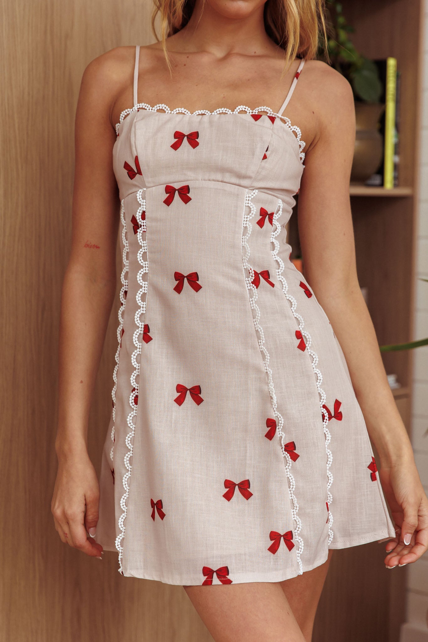 Chamberlain Scallop Trim Mini Dress Red Bow by Selfie Leslie