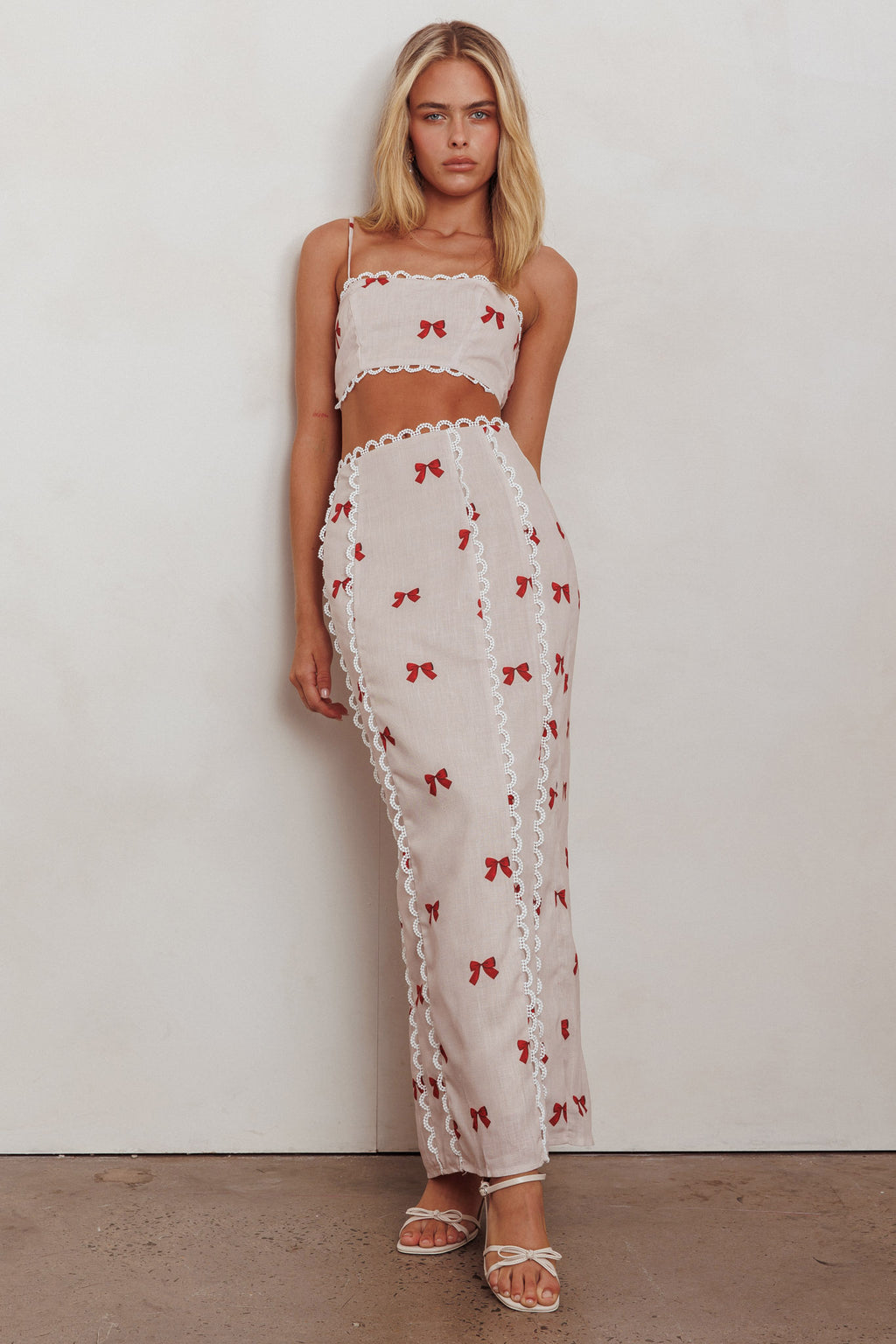 Chamberlain Scallop Trim Maxi Skirt Red Bow by Selfie Leslie
