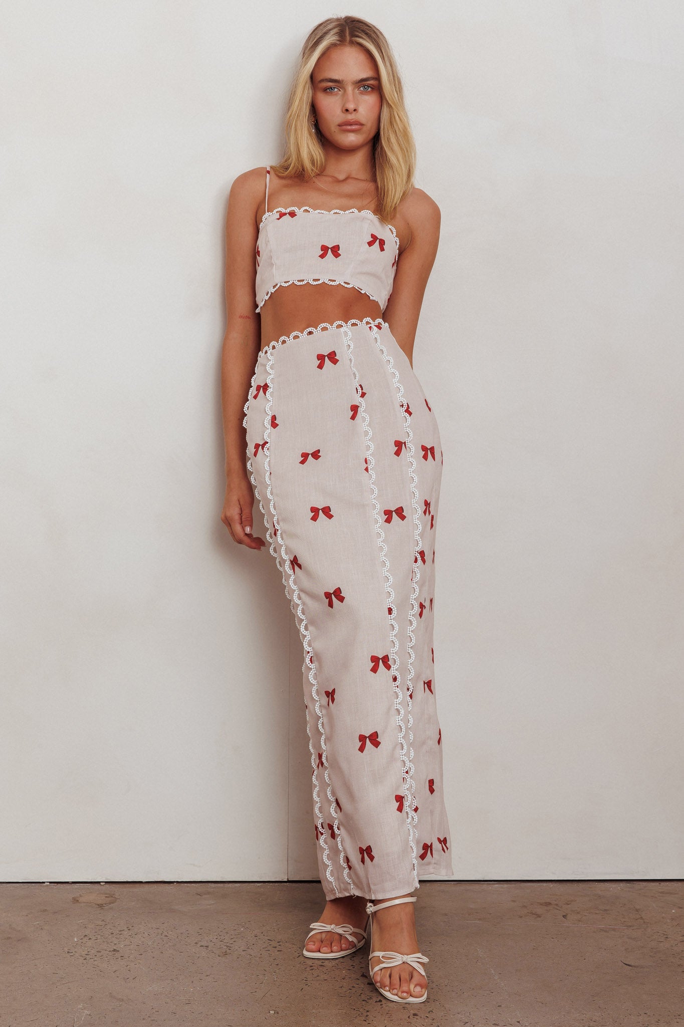 Chamberlain Scallop Trim Maxi Skirt Red Bow by Selfie Leslie