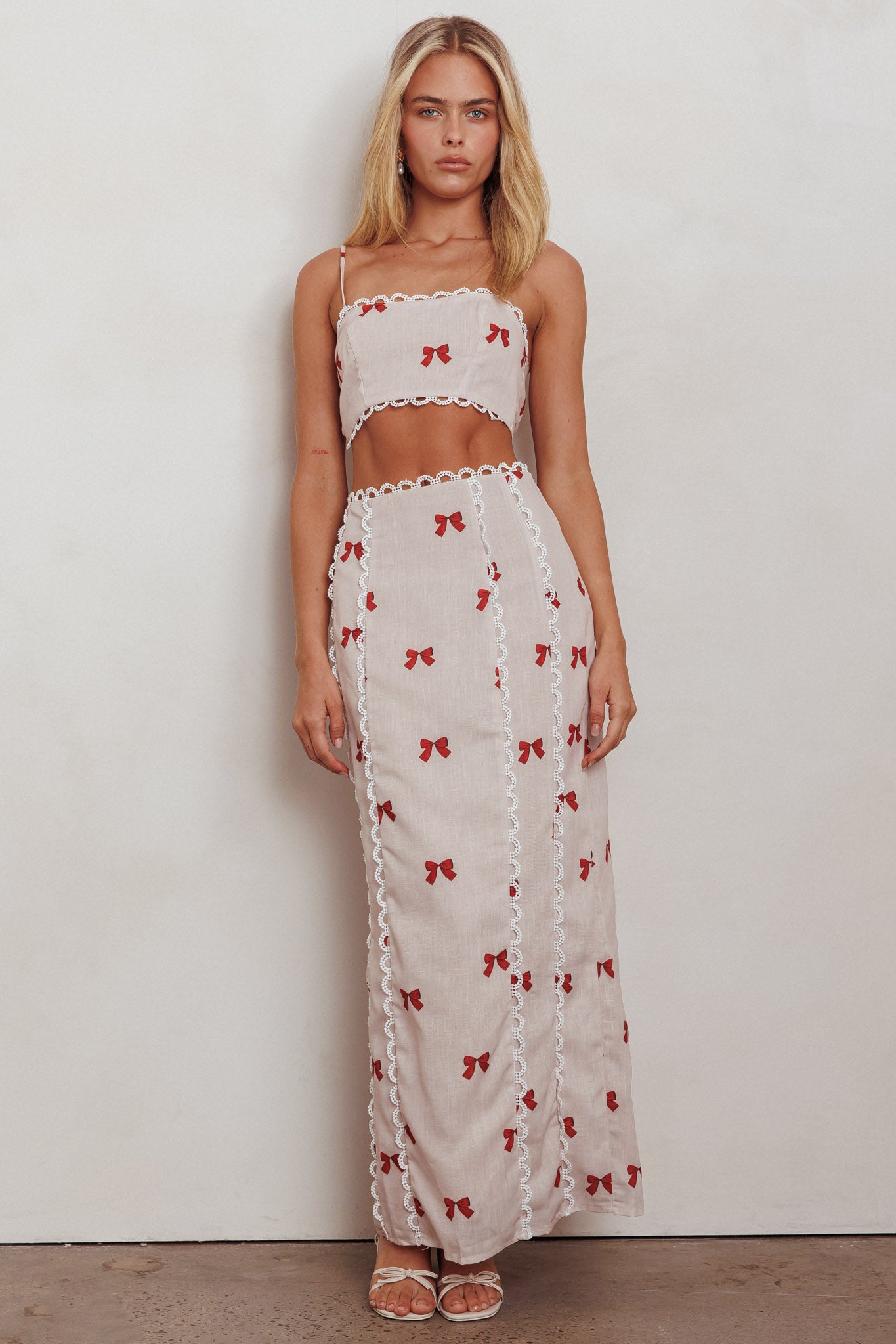 Chamberlain Scallop Trim Maxi Skirt Red Bow by Selfie Leslie