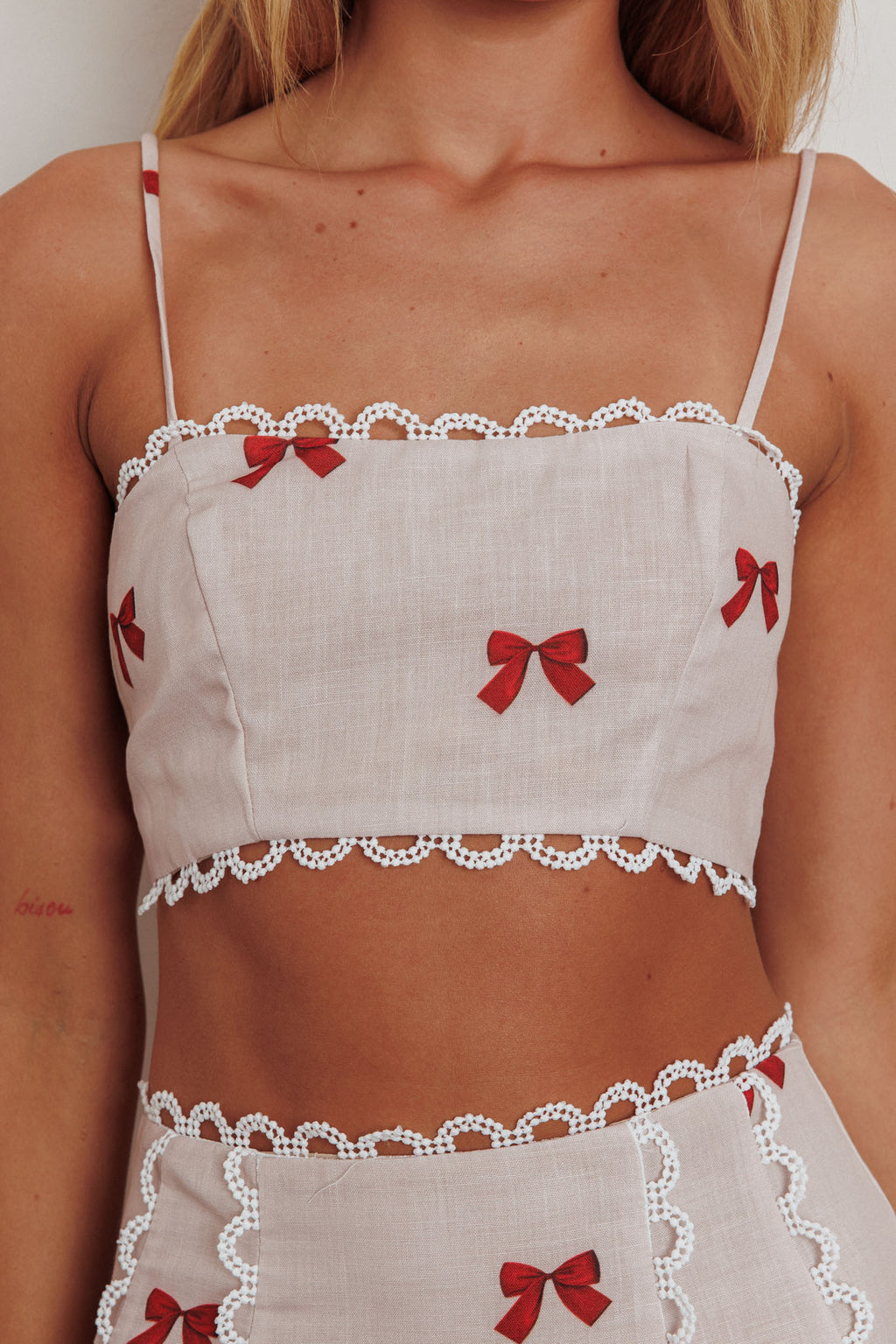 Chamberlain Scallop Trim Crop Top Red Bow by Selfie Leslie