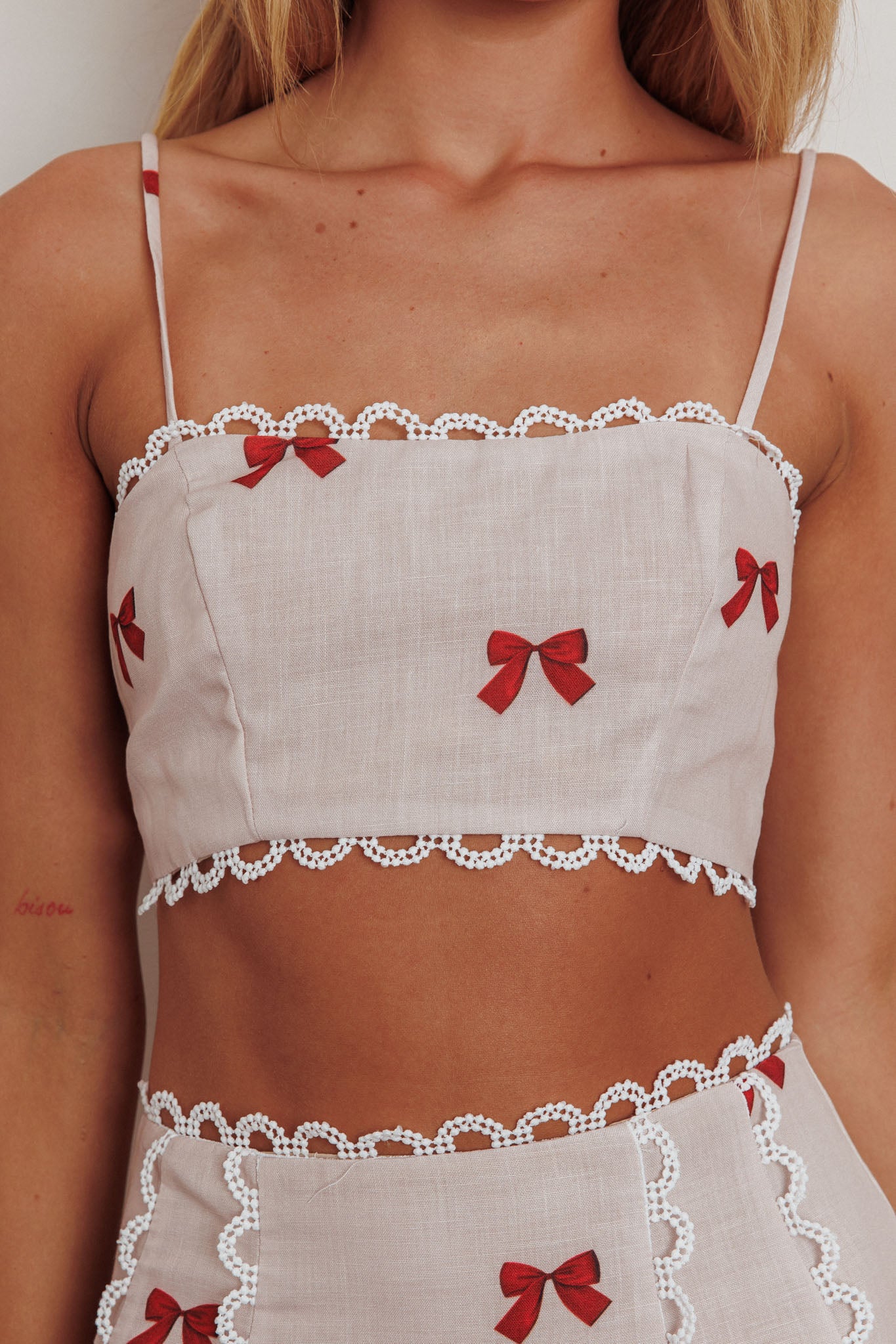 Chamberlain Scallop Trim Crop Top Red Bow by Selfie Leslie