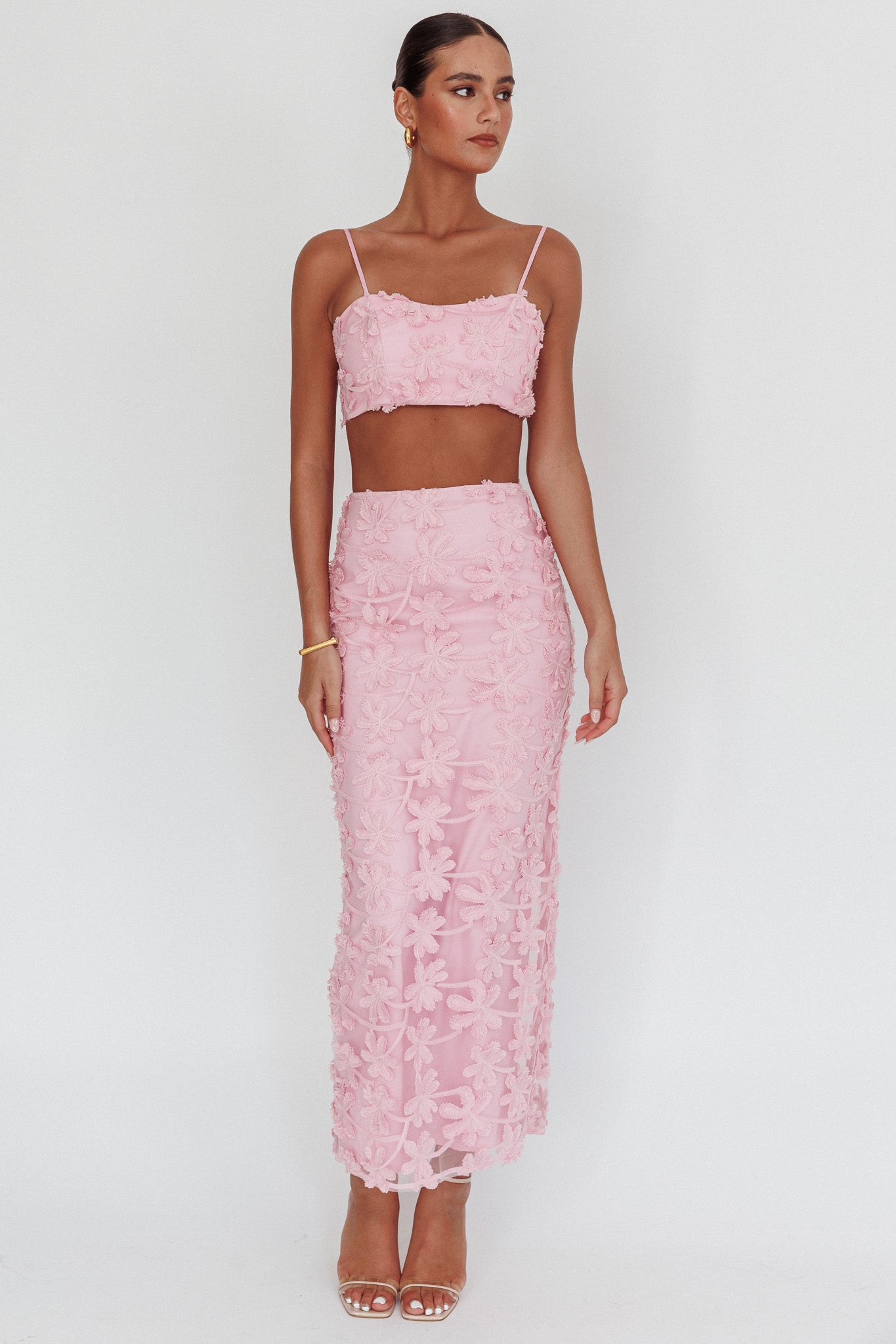 Casi Palm Tree Embroidered Maxi Skirt Baby Pink | Selfie Leslie