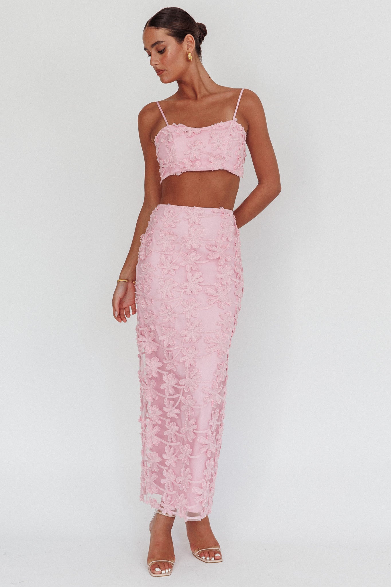 Casi Palm Tree Embroidered Maxi Skirt Baby Pink by Selfie Leslie