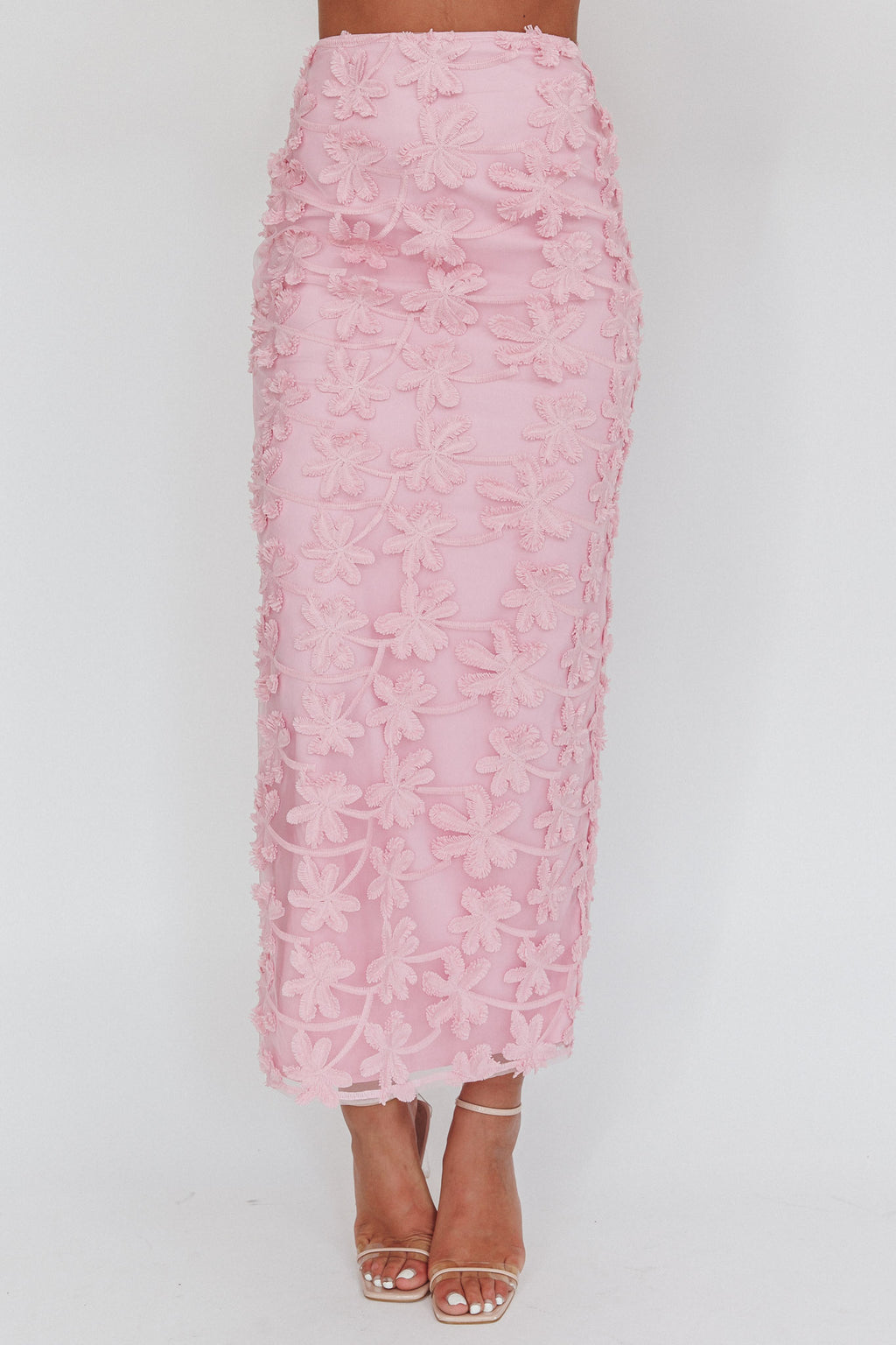 Casi Palm Tree Embroidered Maxi Skirt Baby Pink by Selfie Leslie