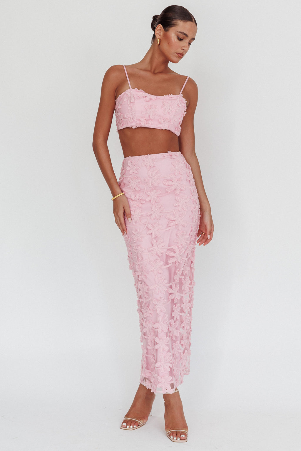 Casi Palm Tree Embroidered Maxi Skirt Baby Pink by Selfie Leslie