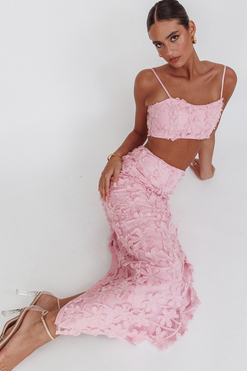 Casi Palm Tree Embroidered Maxi Skirt Baby Pink by Selfie Leslie