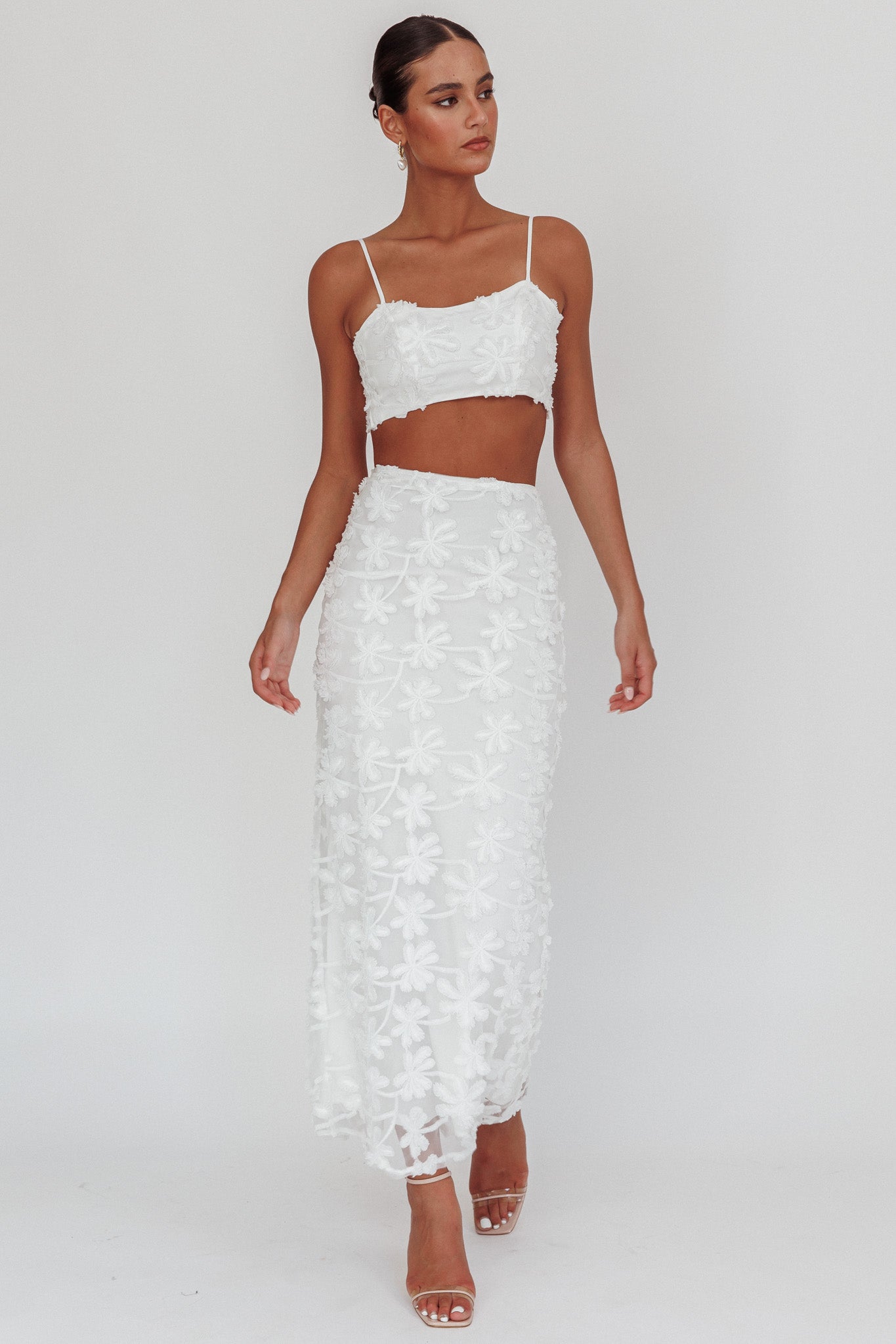 Casi Palm Tree Embroidered Maxi Skirt White | Selfie Leslie