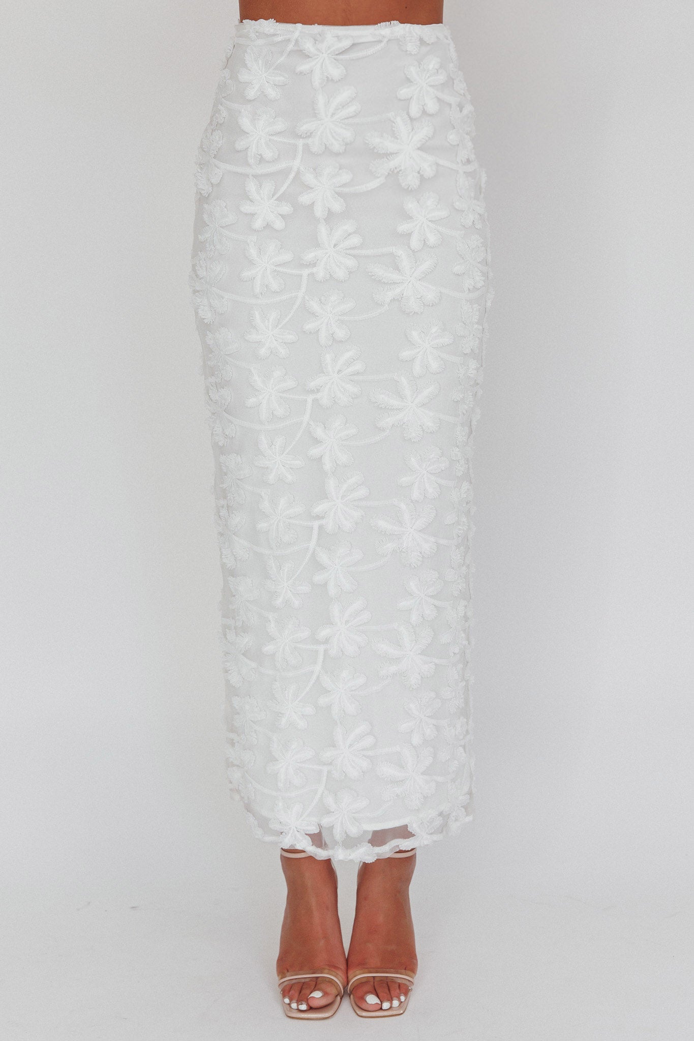 Casi Palm Tree Embroidered Maxi Skirt White | Selfie Leslie