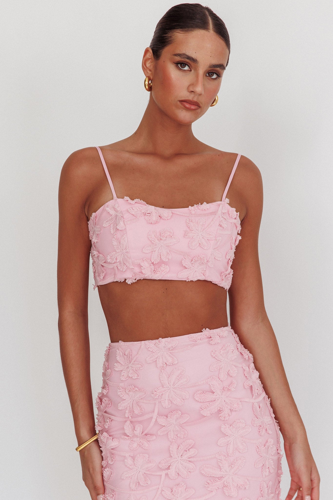 Casi Tied Back Crop Top Embroidered Baby Pink by Selfie Leslie