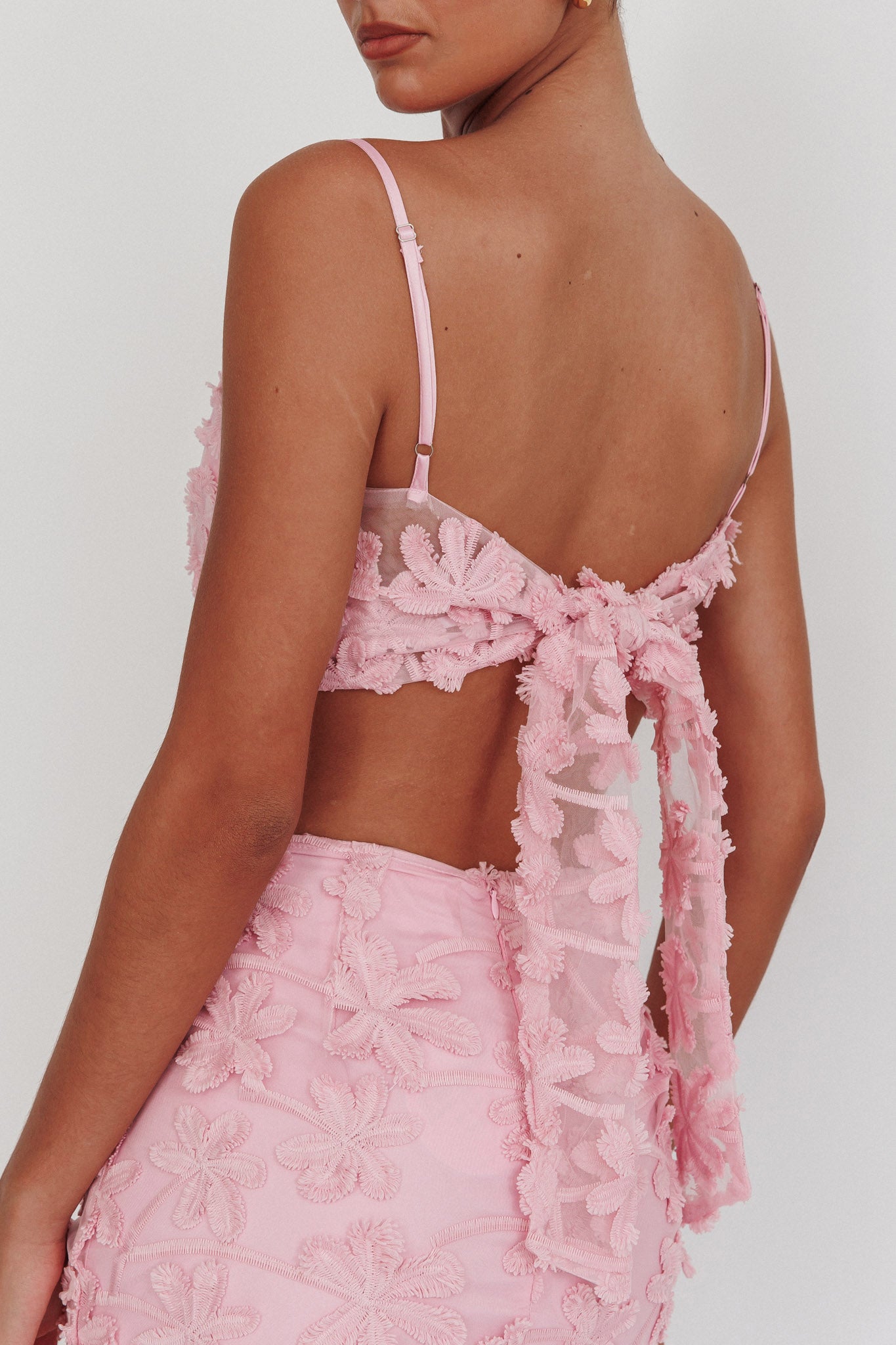 Shop the Casi Tied Back Crop Top Embroidered Baby Pink