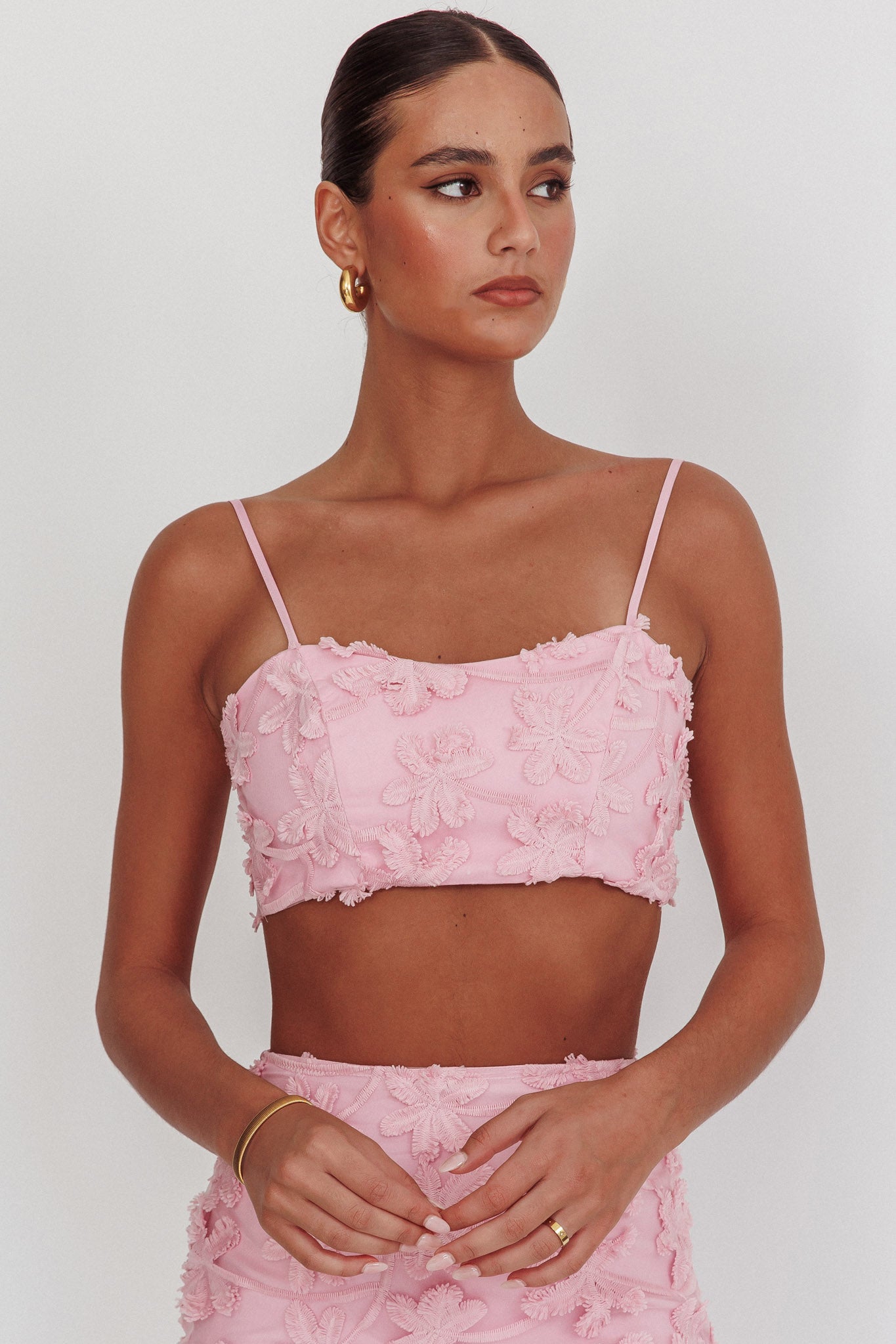 Casi Tied Back Crop Top Embroidered Baby Pink by Selfie Leslie