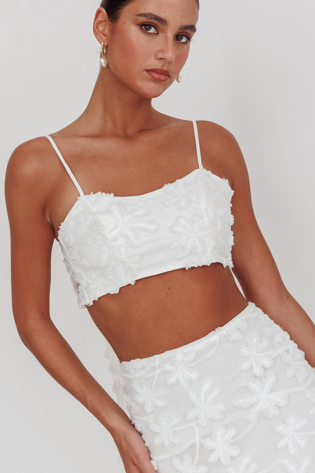 Casi Tied Back Crop Top Embroidered White by Selfie Leslie