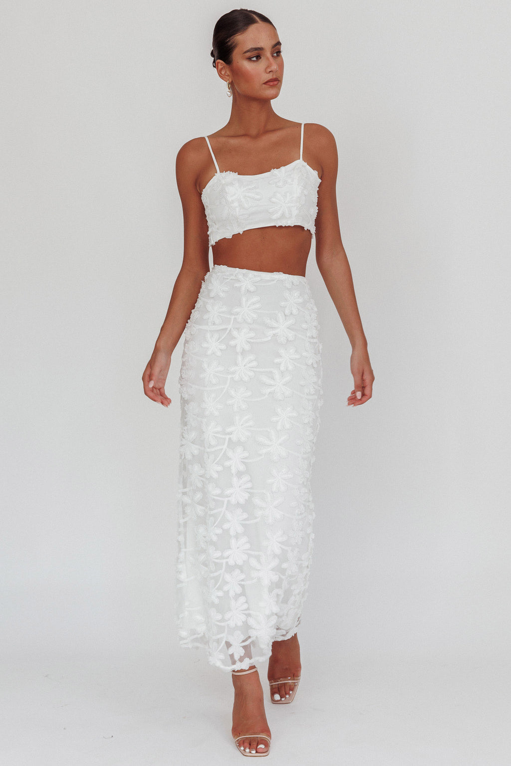 Casi Tied Back Crop Top Embroidered White by Selfie Leslie