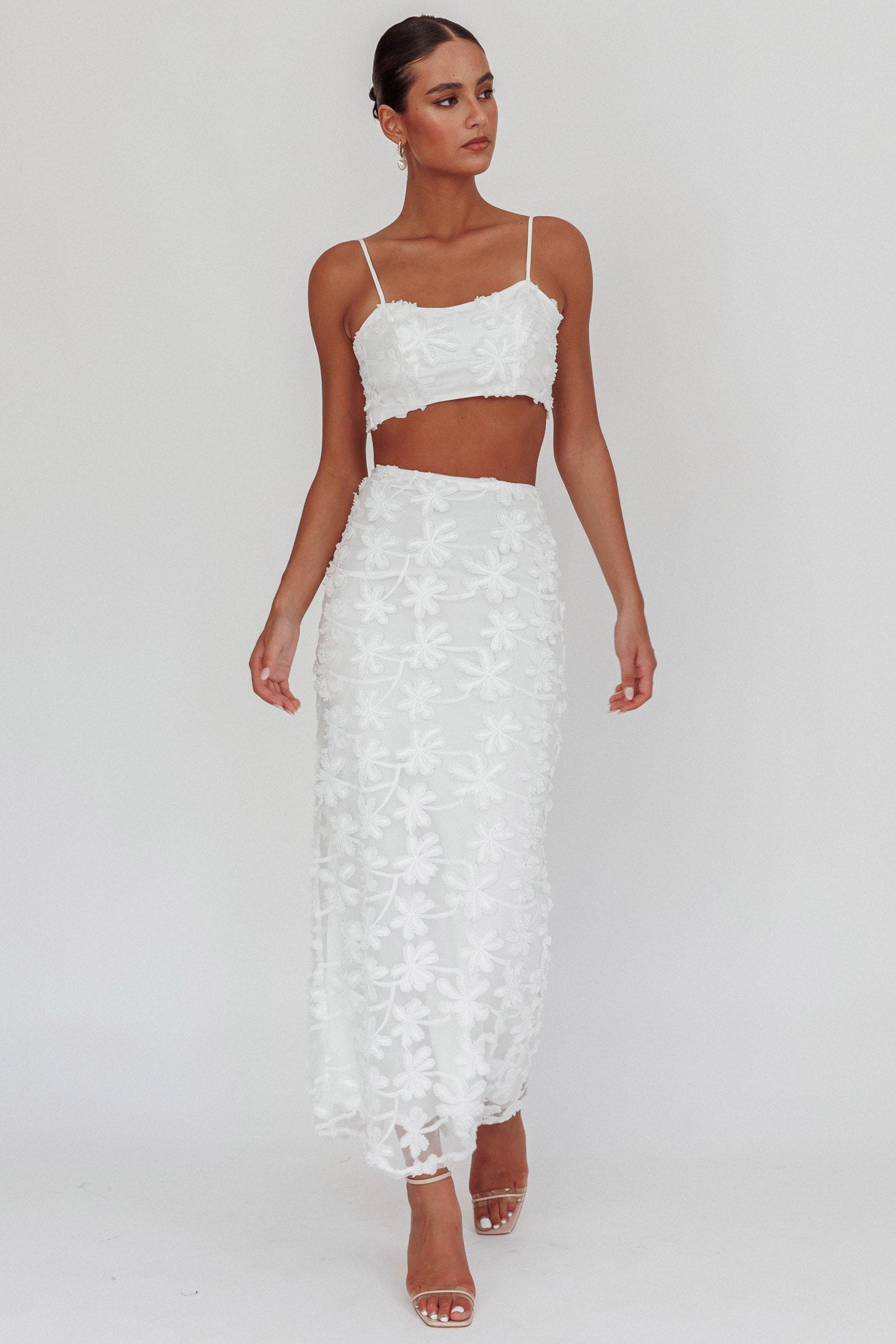 Casi Tied Back Crop Top Embroidered White by Selfie Leslie