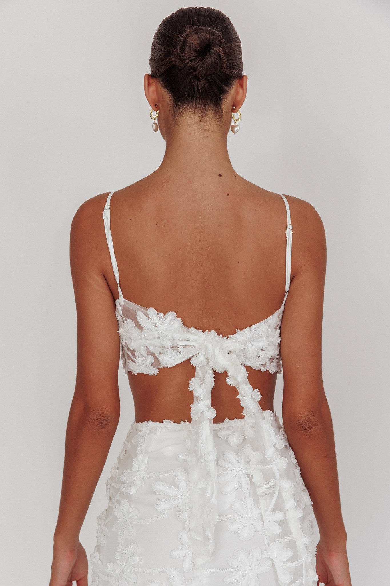 Casi Tied Back Crop Top Embroidered White by Selfie Leslie