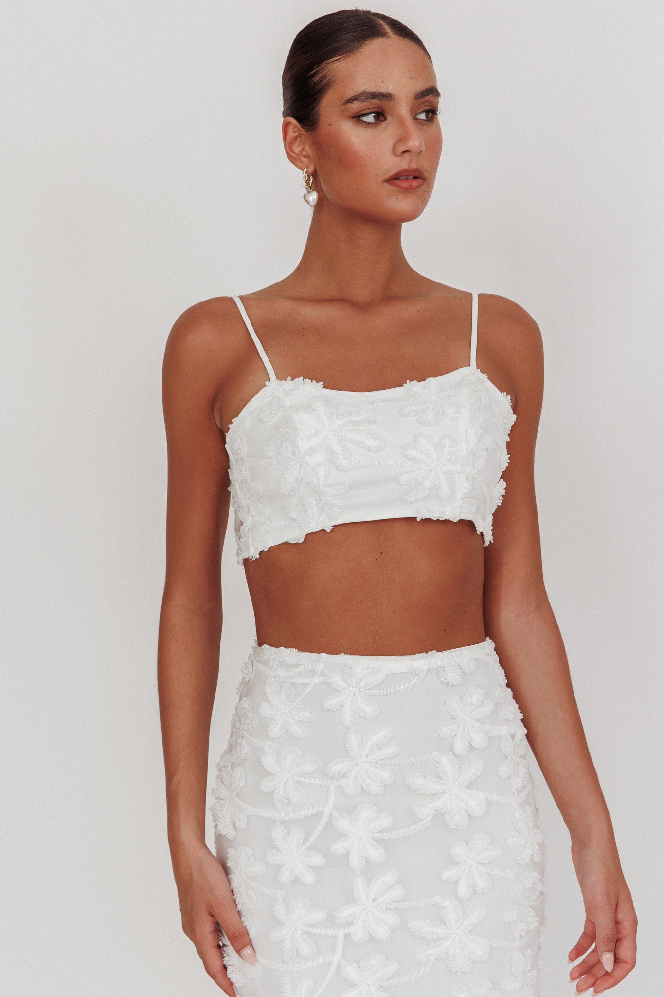 Casi Tied Back Crop Top Embroidered White by Selfie Leslie