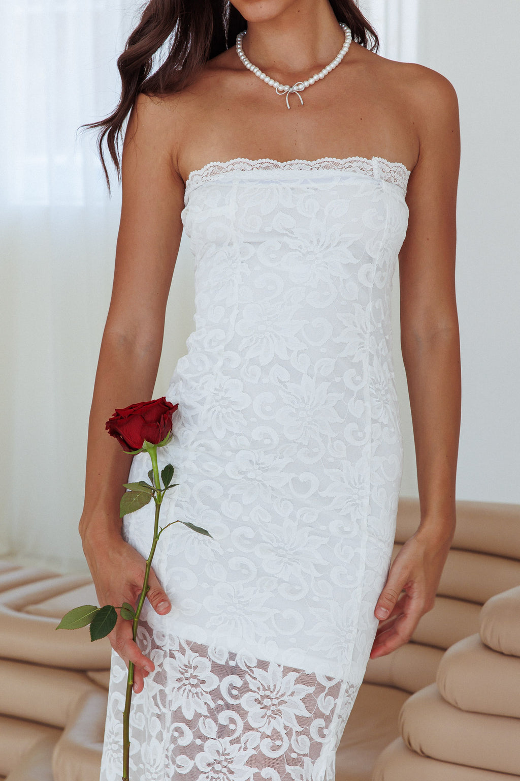 Must Be Love Strapless Lace Dress Off White by Selfie Leslie