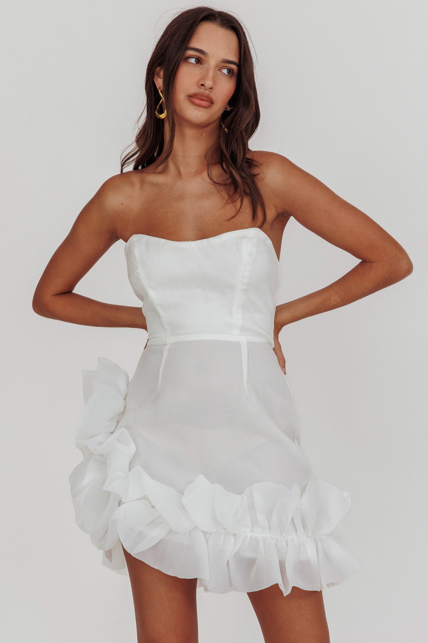 L'amour Toujours Frill Accent Mini Dress White by Selfie Leslie