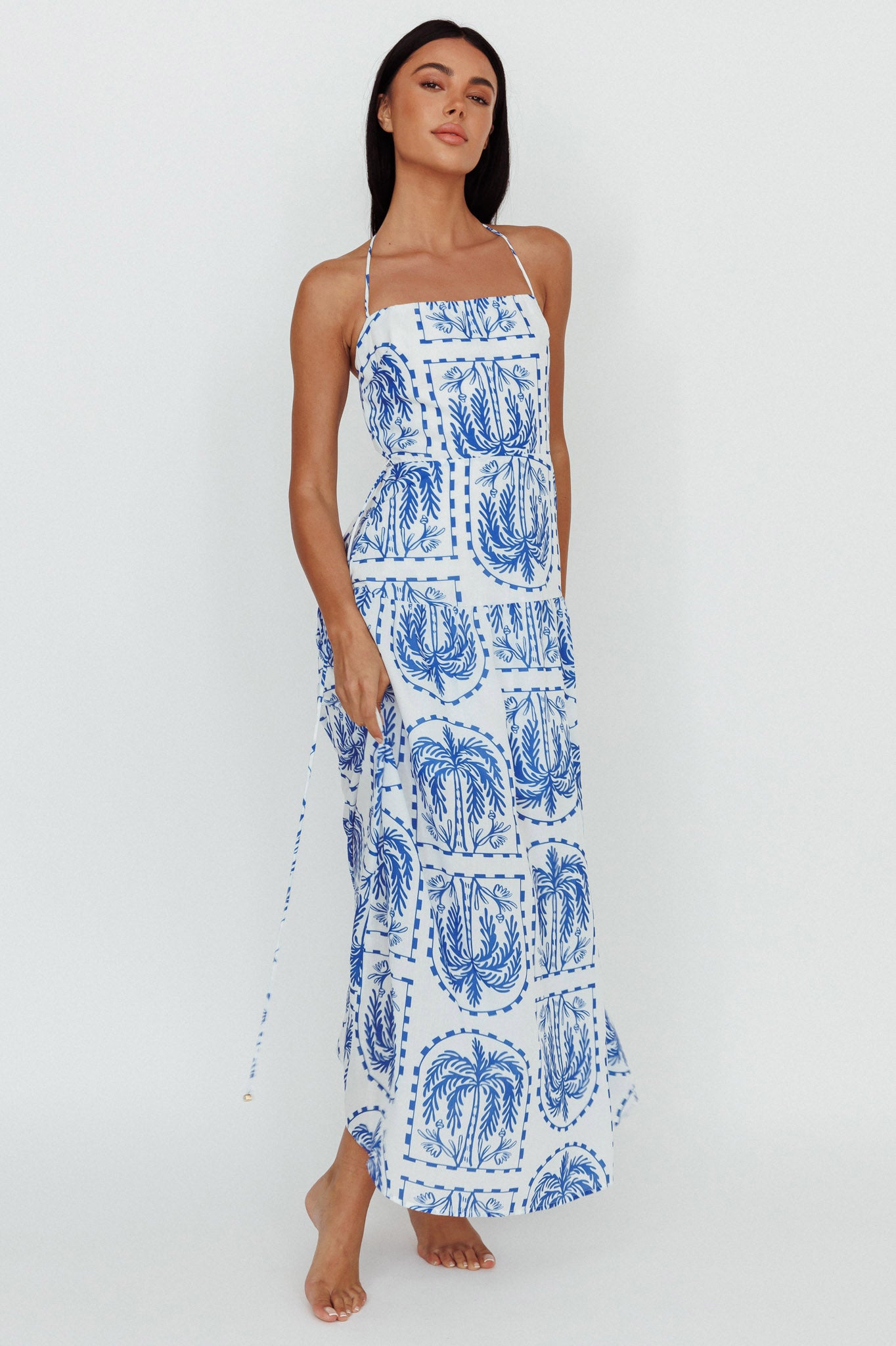 Natasia Halterneck Maxi Dress Palm Print Blue by Selfie Leslie